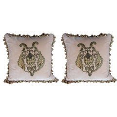 Pair of 19th Century French Metallic Appliqued Velvet Pillows