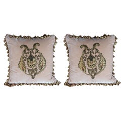 Pair of 19th Century French Metallic Appliqued Velvet Pillows