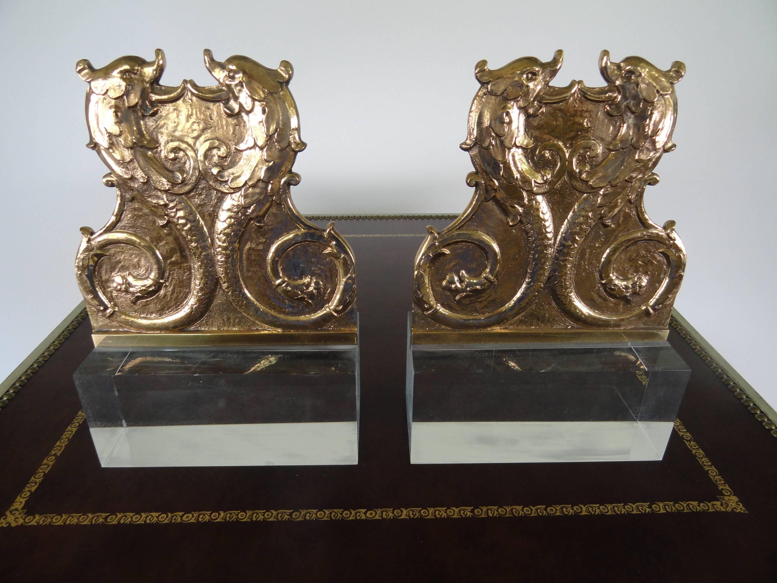 Pair of 19th century French bronze decor dolphin plaques mounted on custom acrylic clear bases.