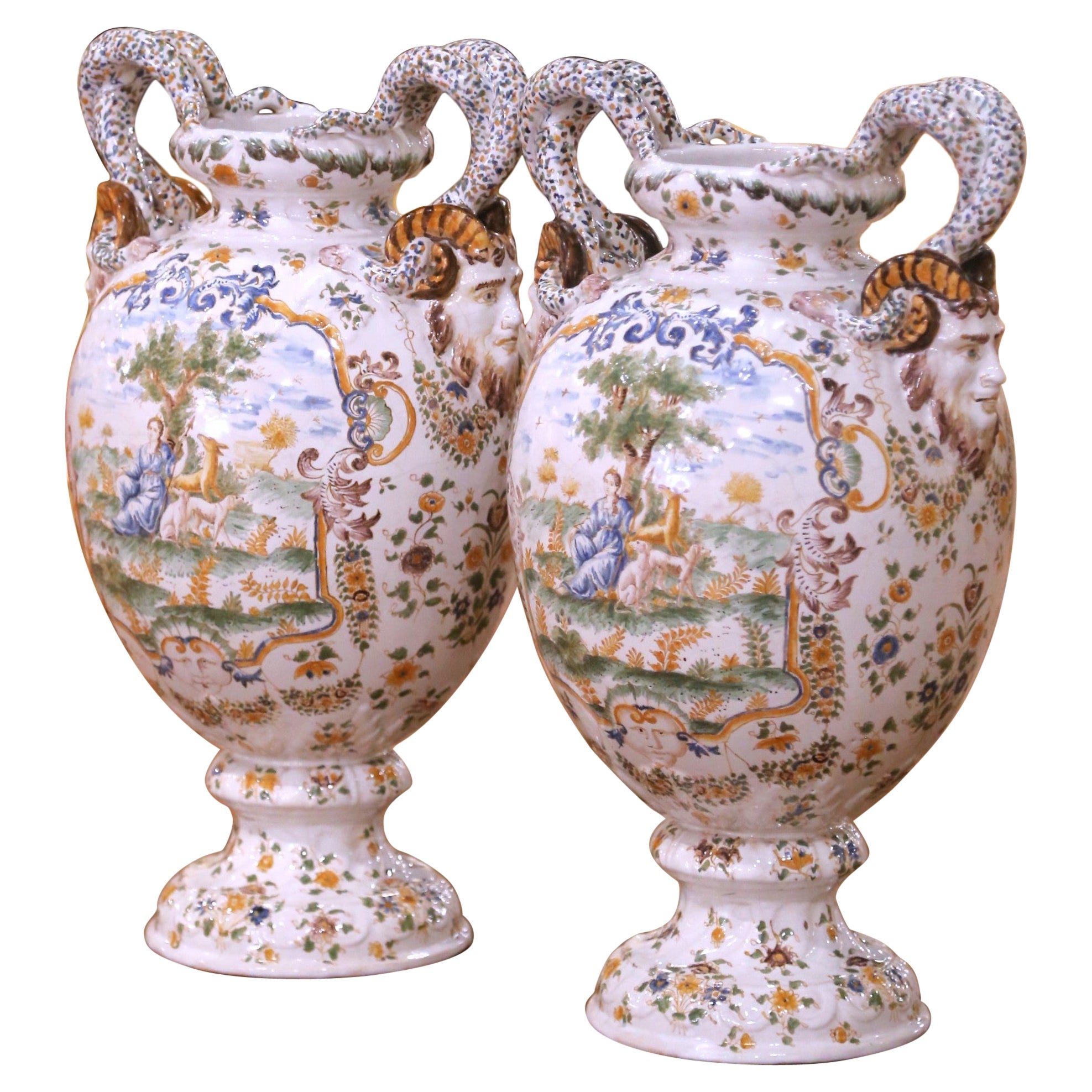 Pair of 19th Century French Moustiers Faience Vases with Ram’s Head Handles For Sale