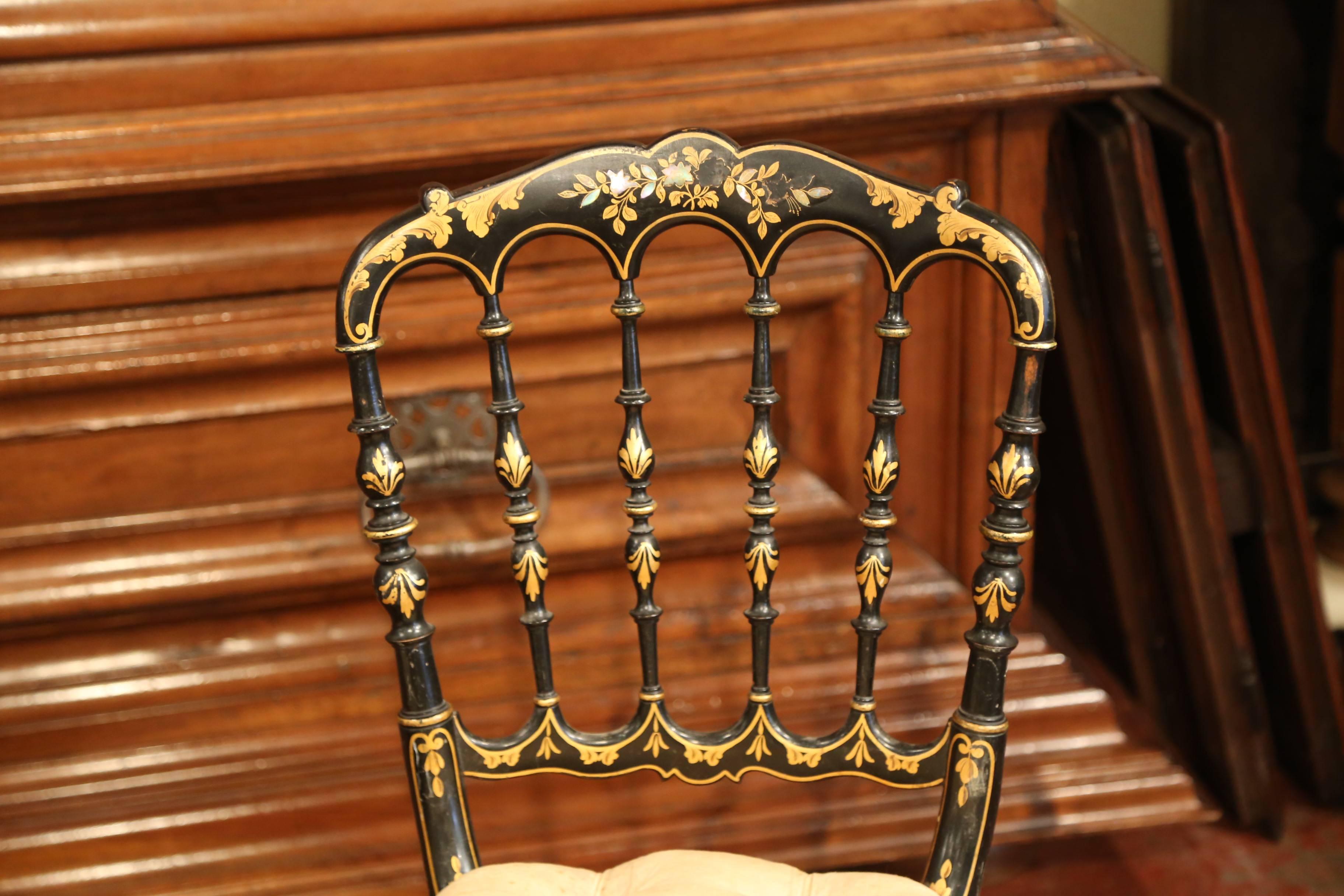 Mother-of-Pearl Pair of 19th Century French Napoleon III Black Lacquered Chairs with Gilt Decor