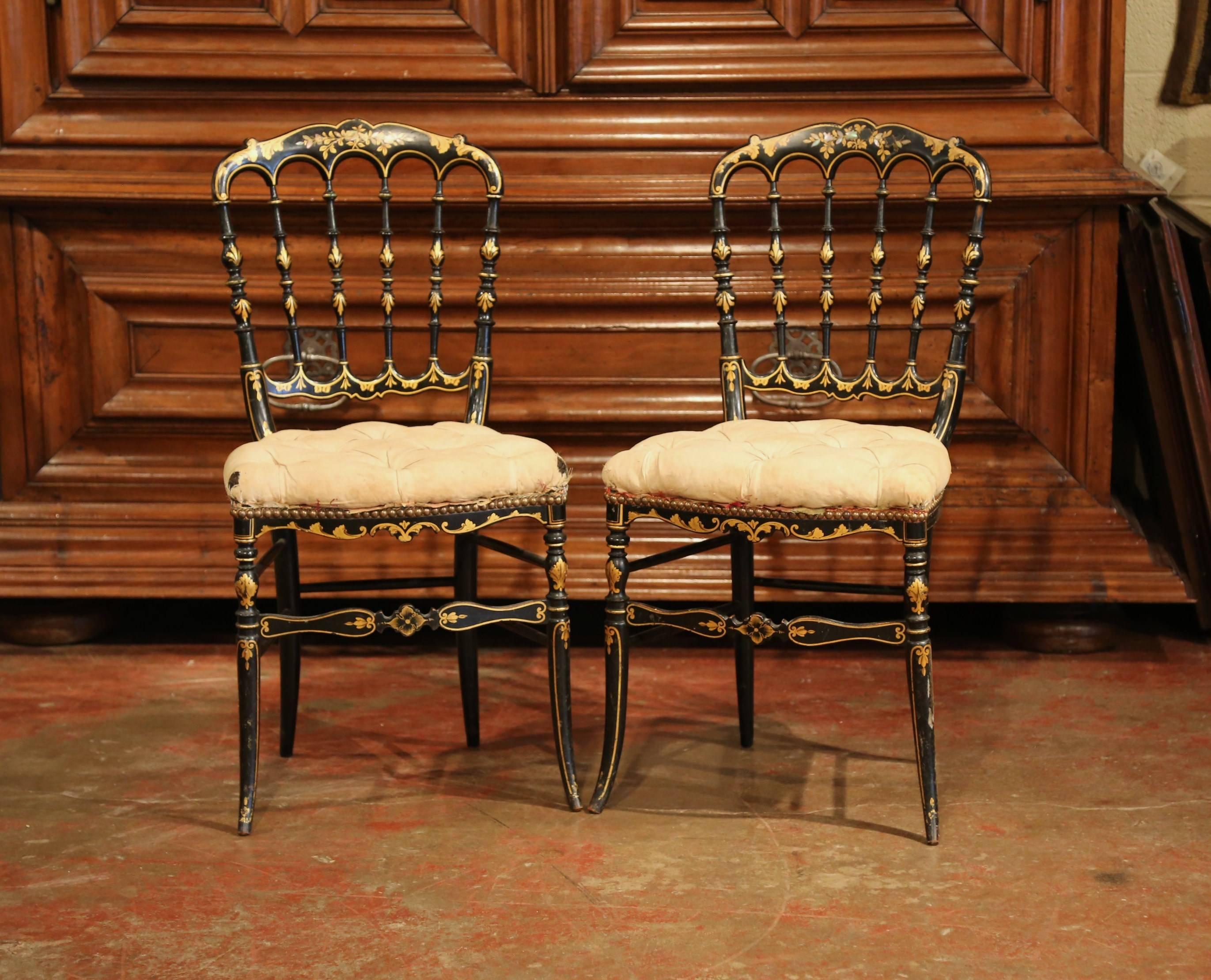 Pair of 19th Century French Napoleon III Black Lacquered Chairs with Gilt Decor 1