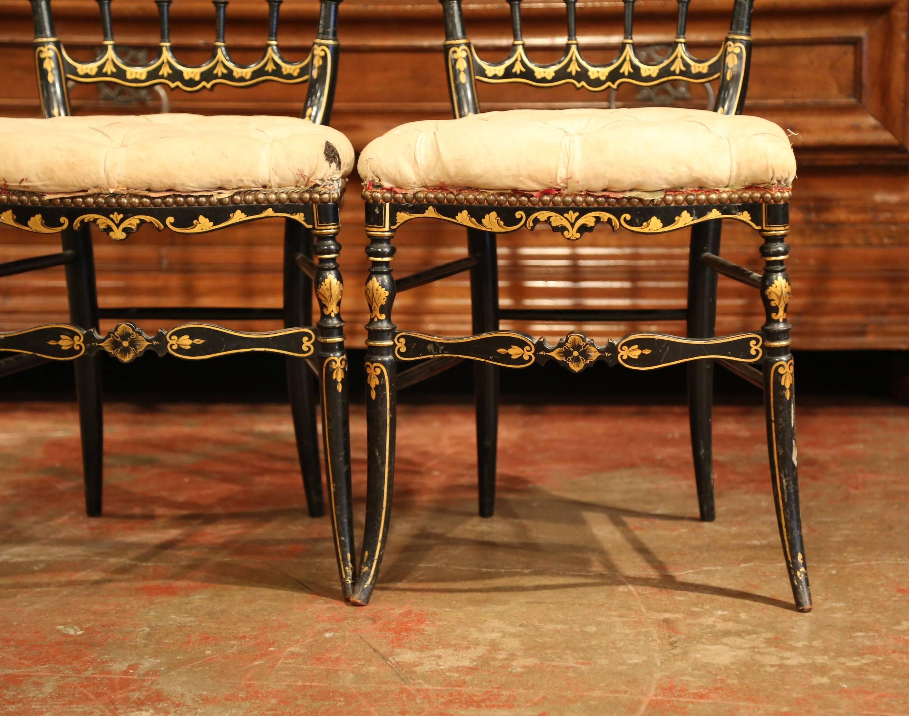 Pair of 19th Century French Napoleon III Black Lacquered Chairs with Gilt Decor 2