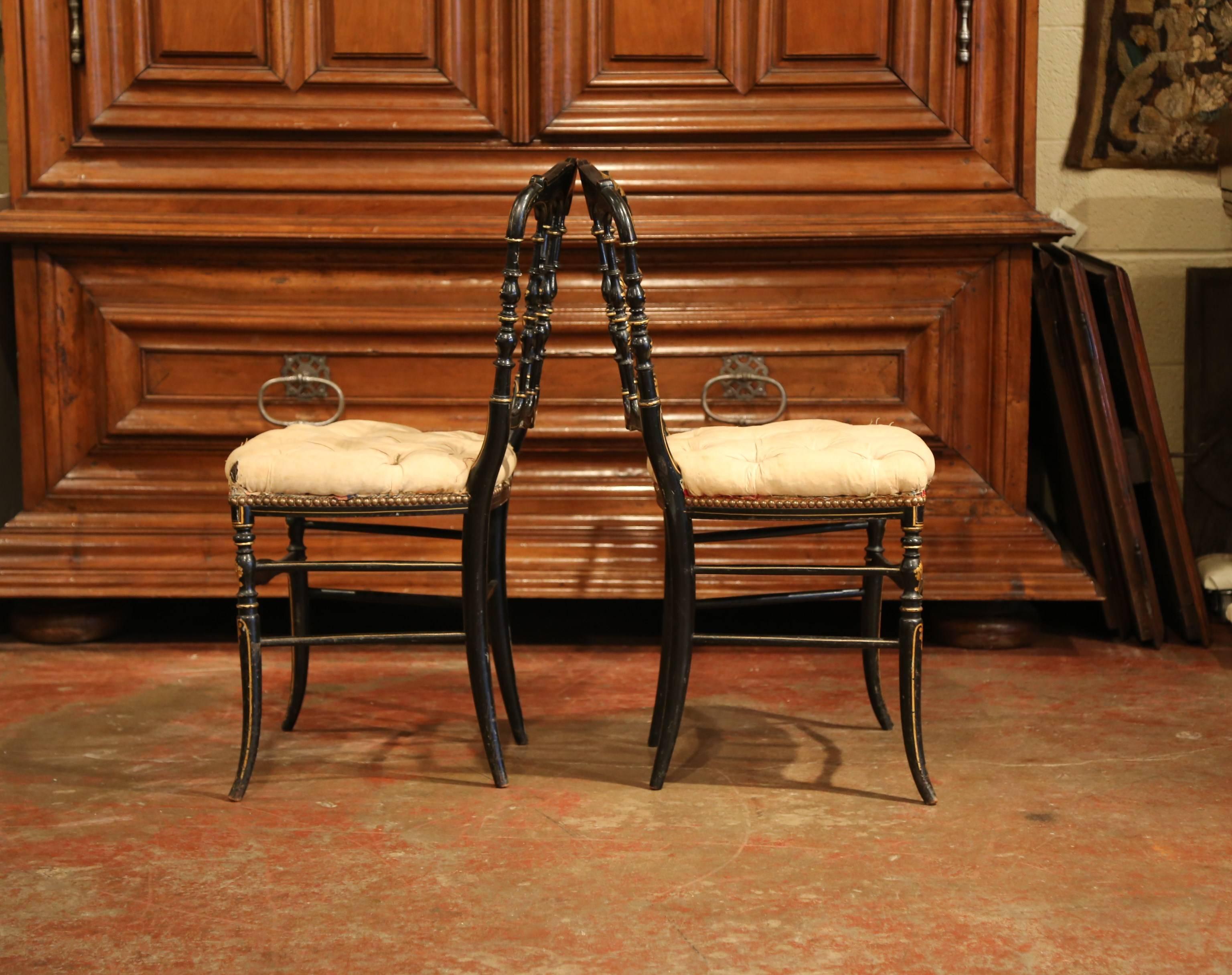 Pair of 19th Century French Napoleon III Black Lacquered Chairs with Gilt Decor 3