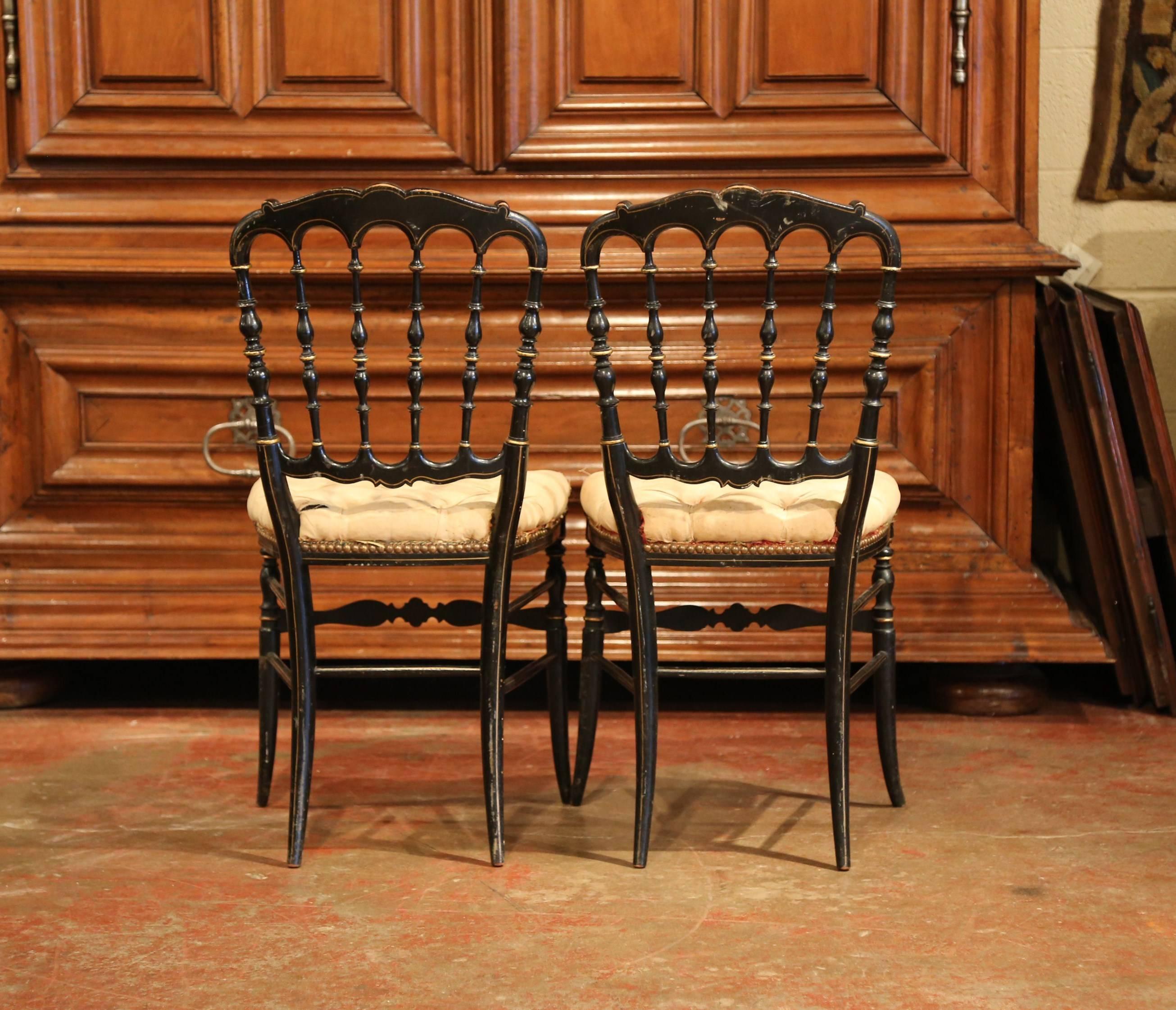 Pair of 19th Century French Napoleon III Black Lacquered Chairs with Gilt Decor 4