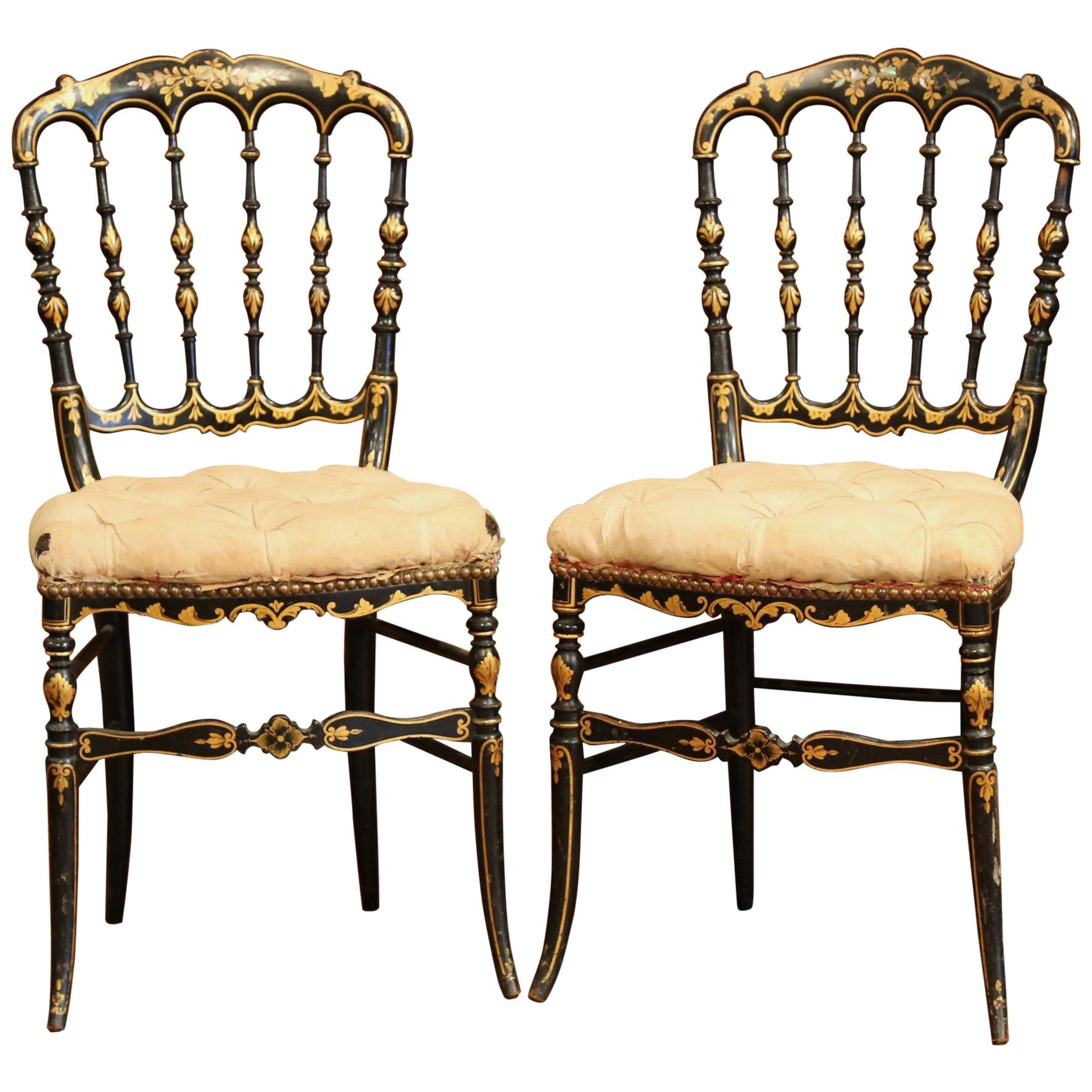 Pair of 19th Century French Napoleon III Black Lacquered Chairs with Gilt Decor