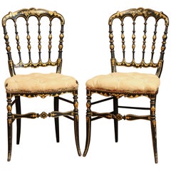 Antique Pair of 19th Century French Napoleon III Black Lacquered Chairs with Gilt Decor