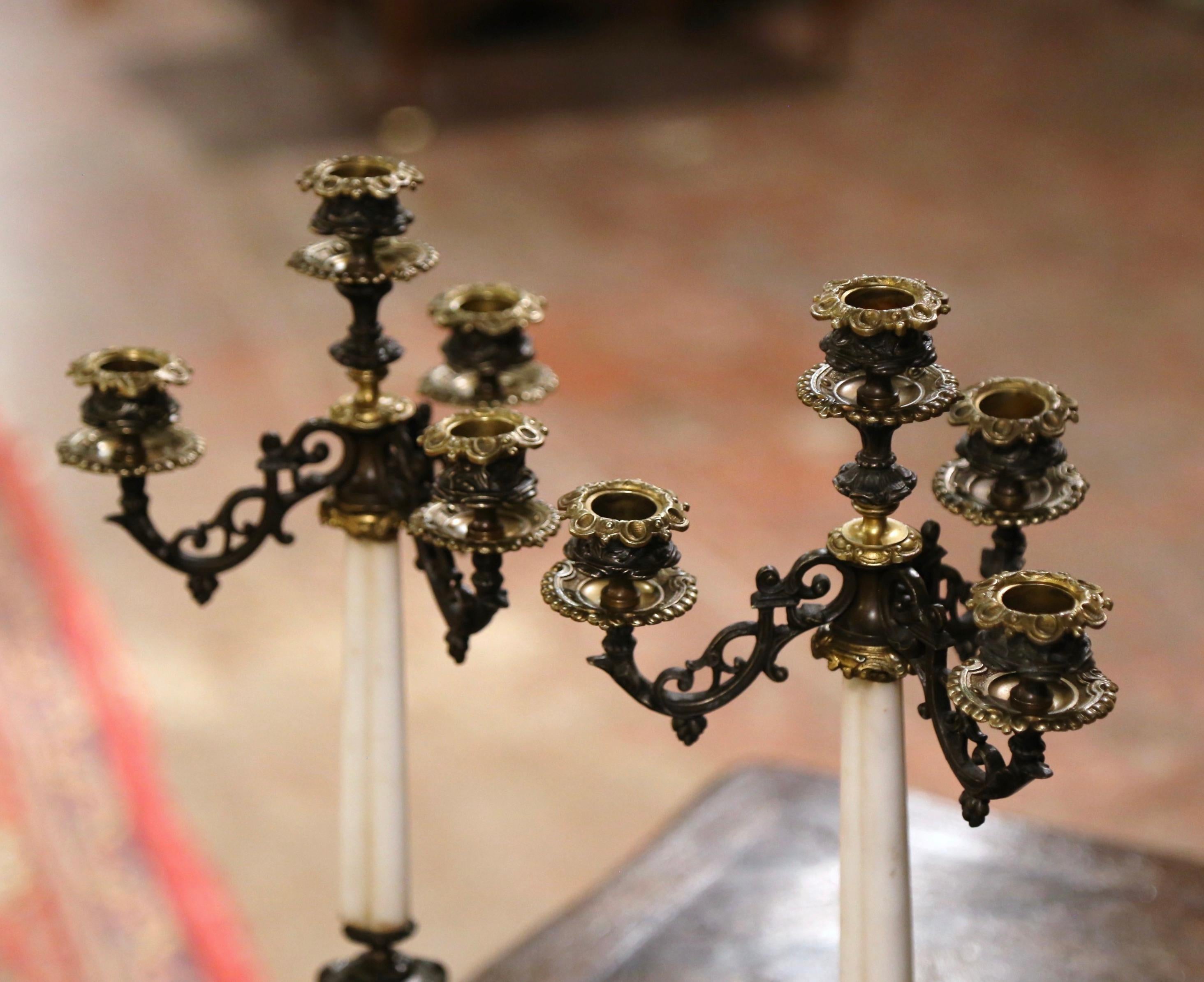 Gilt Pair of 19th Century French Napoleon III Bronze and Marble Candlesticks For Sale