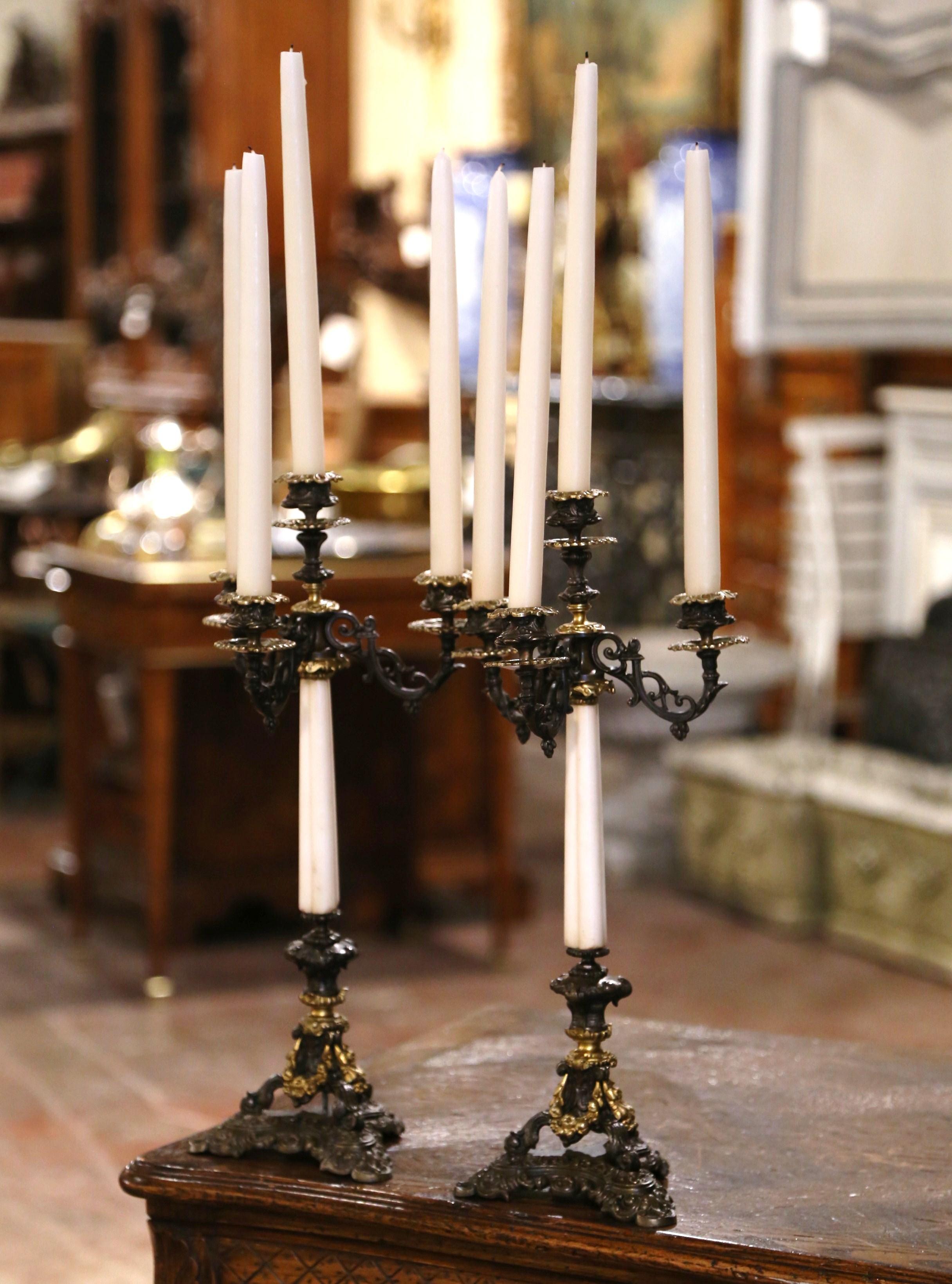 Pair of 19th Century French Napoleon III Bronze and Marble Candlesticks For Sale 1