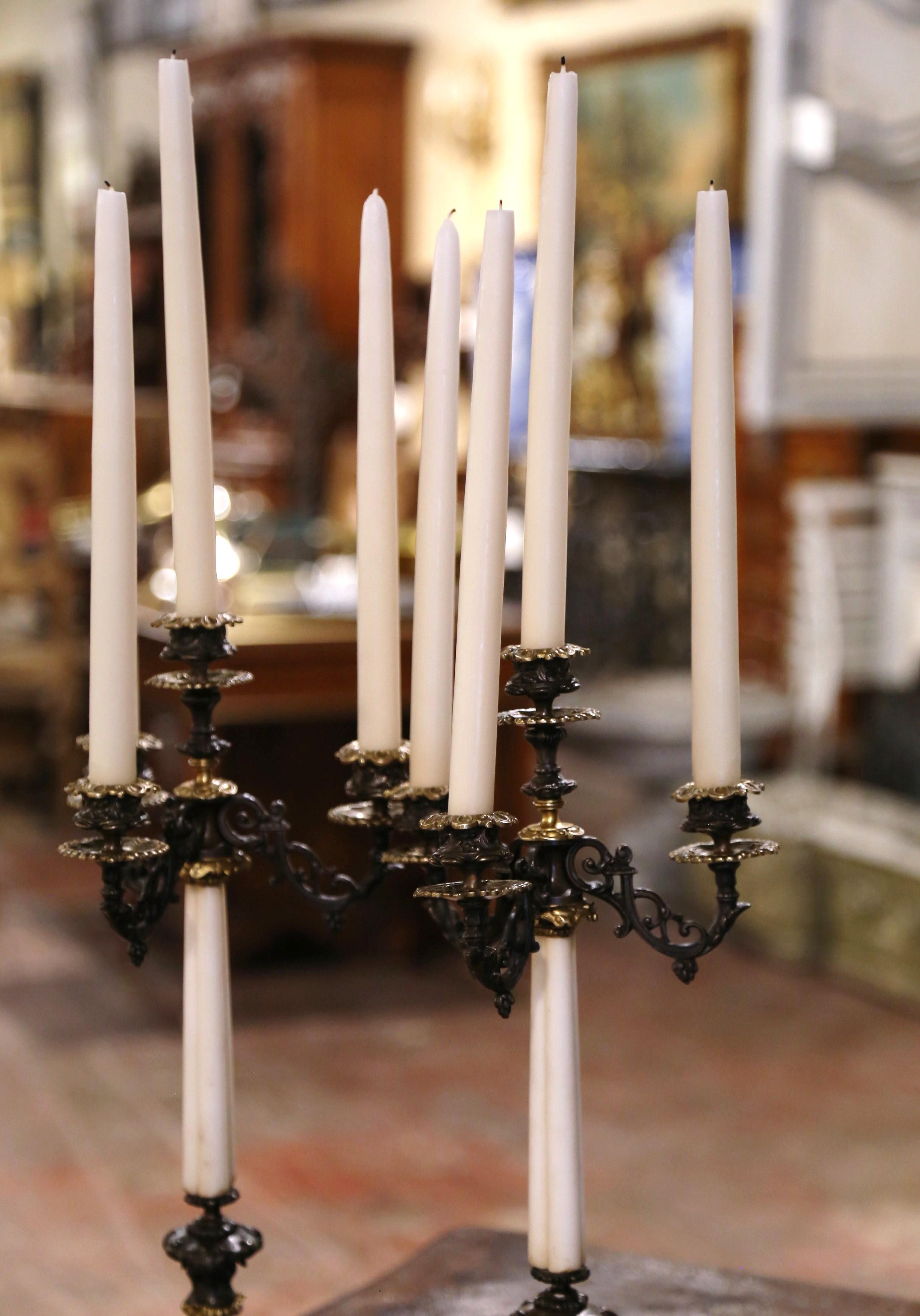 Pair of 19th Century French Napoleon III Bronze and Marble Candlesticks For Sale 2