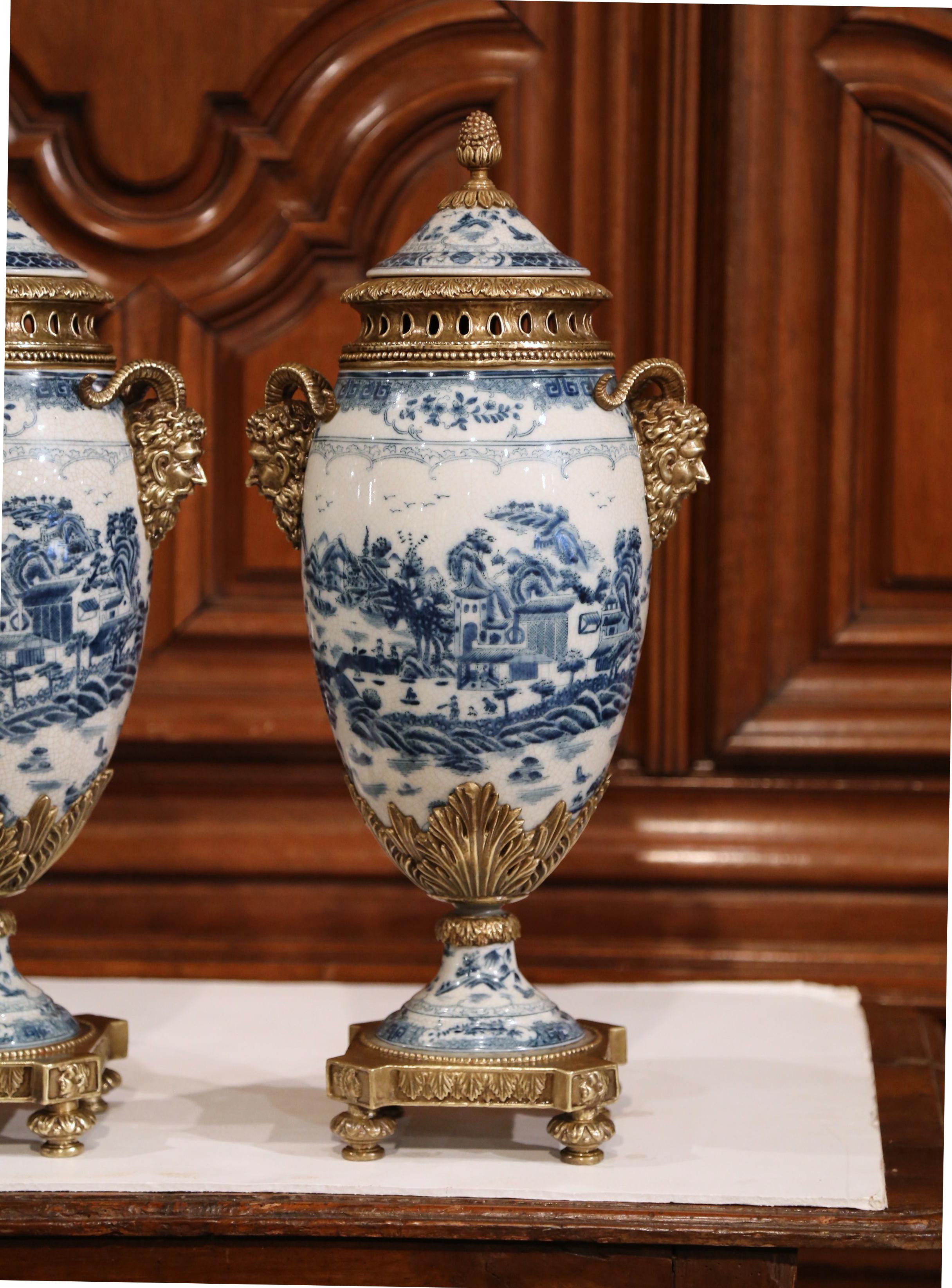 Louis XVI Pair of 19th Century French Napoleon III Bronze and Porcelain Cassolettes Vases