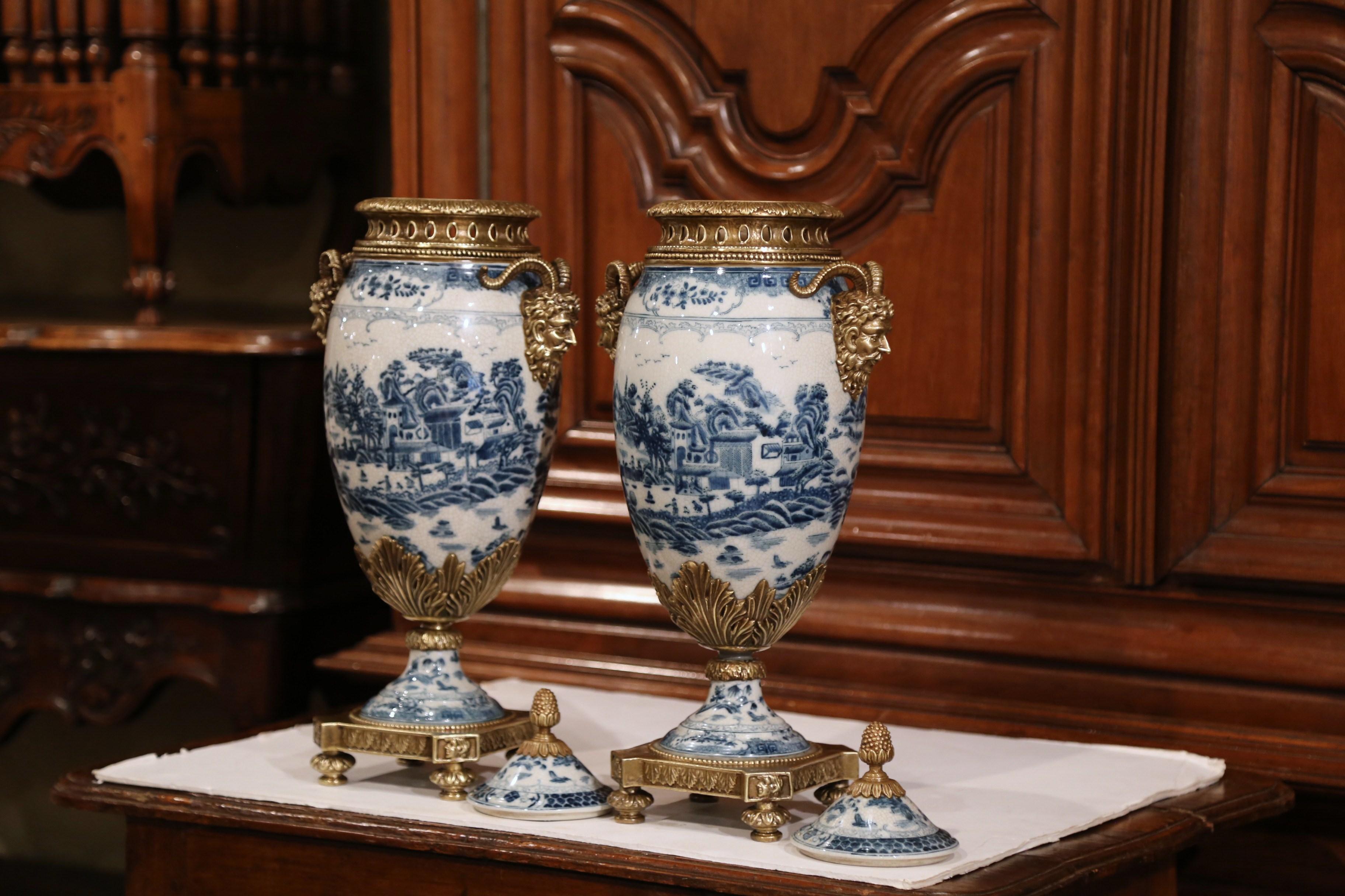 Hand-Crafted Pair of 19th Century French Napoleon III Bronze and Porcelain Cassolettes Vases