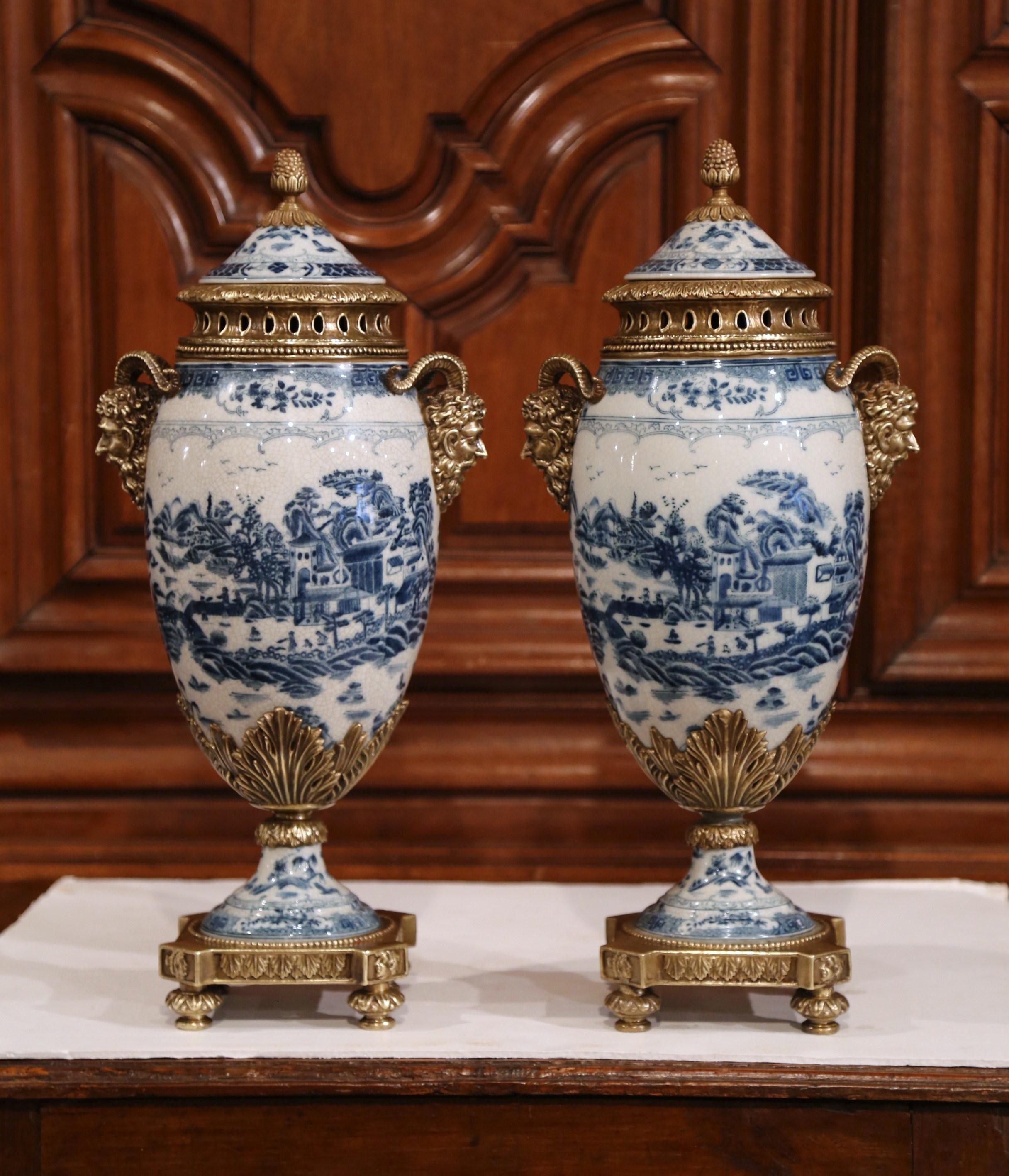 Pair of 19th Century French Napoleon III Bronze and Porcelain Cassolettes Vases In Excellent Condition In Dallas, TX