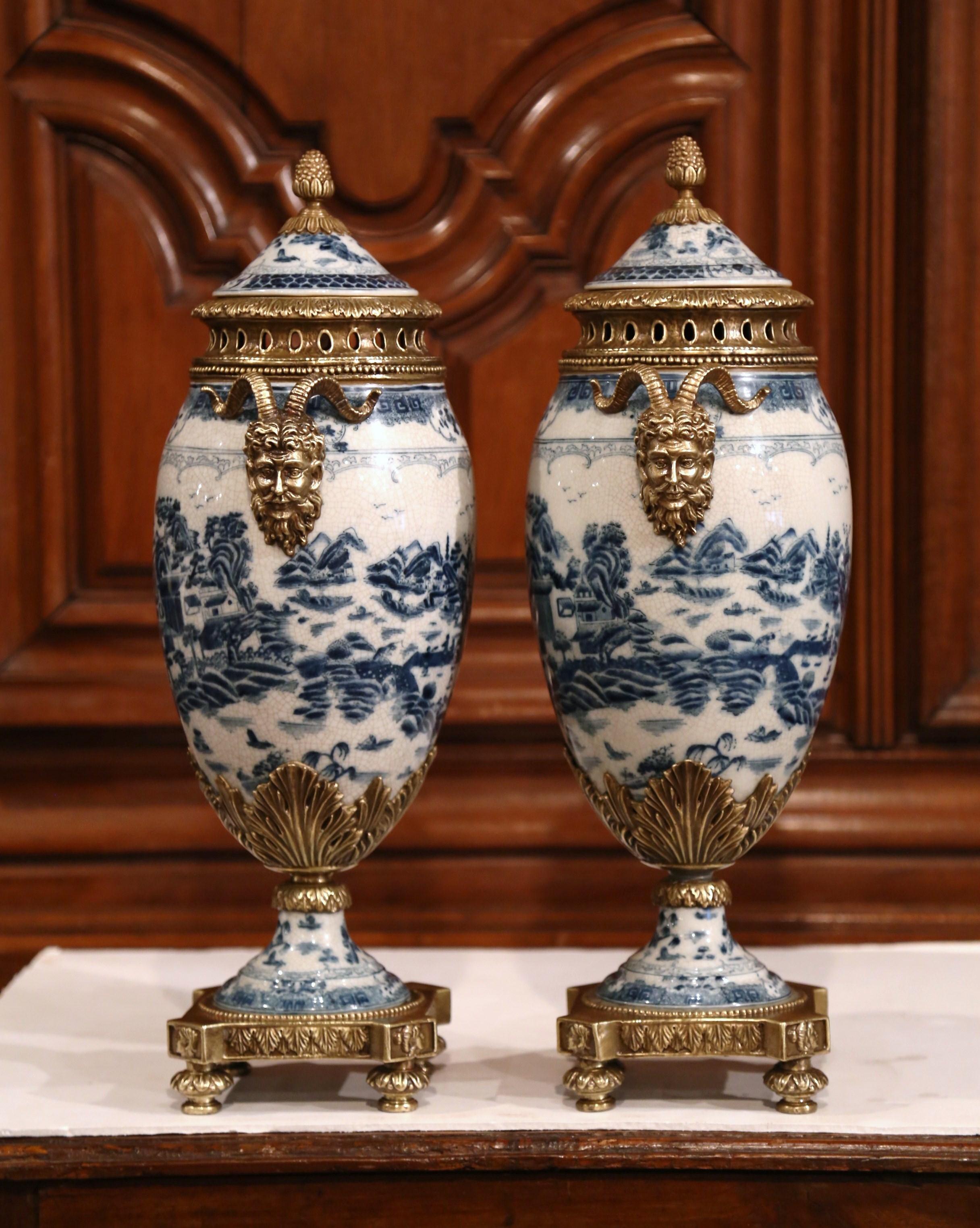 Pair of 19th Century French Napoleon III Bronze and Porcelain Cassolettes Vases 2