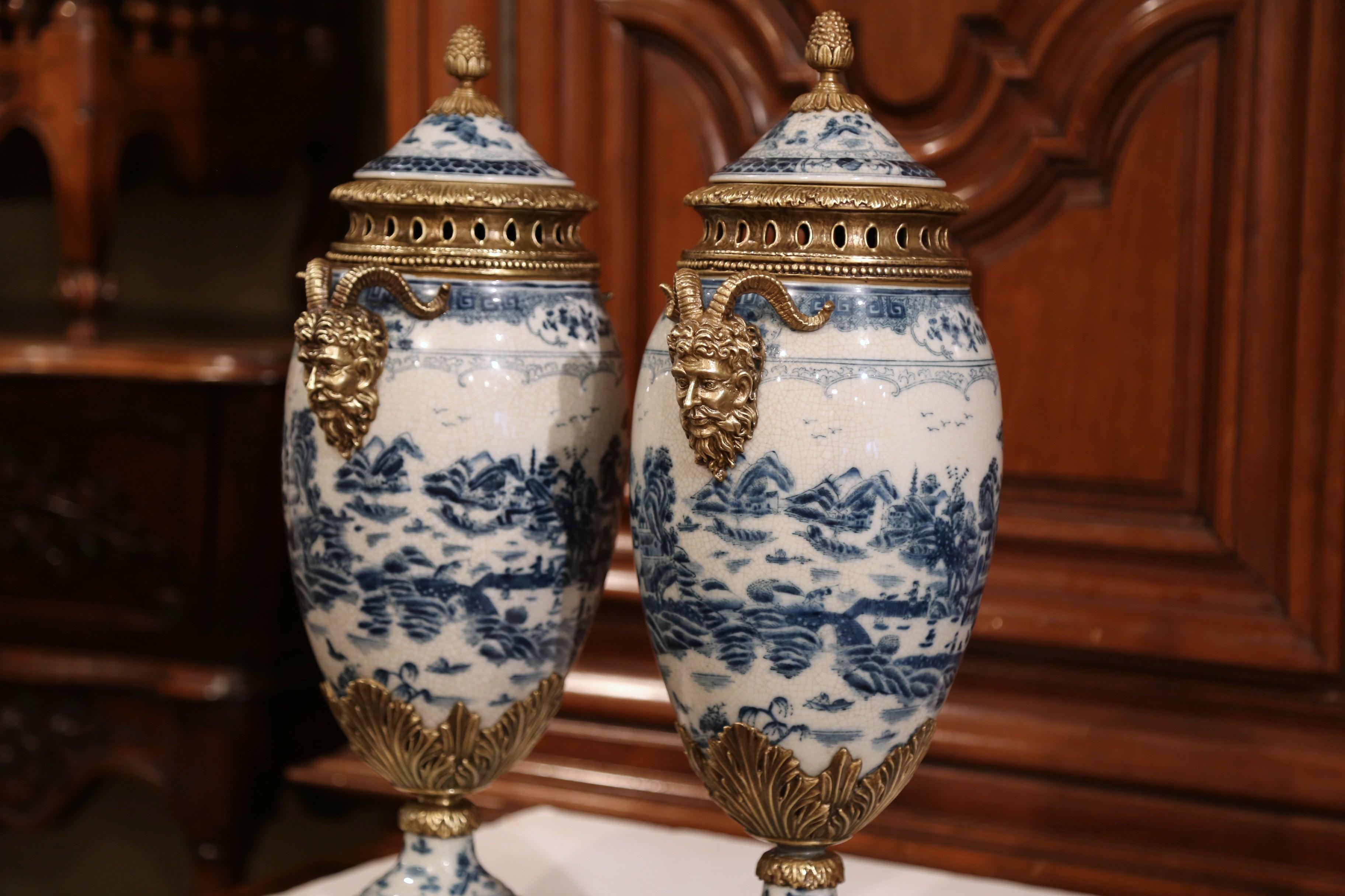 Pair of 19th Century French Napoleon III Bronze and Porcelain Cassolettes Vases 3
