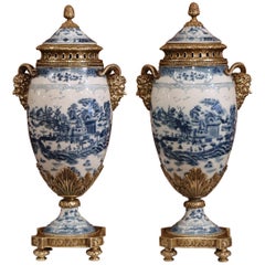 Pair of 19th Century French Napoleon III Bronze and Porcelain Cassolettes Vases