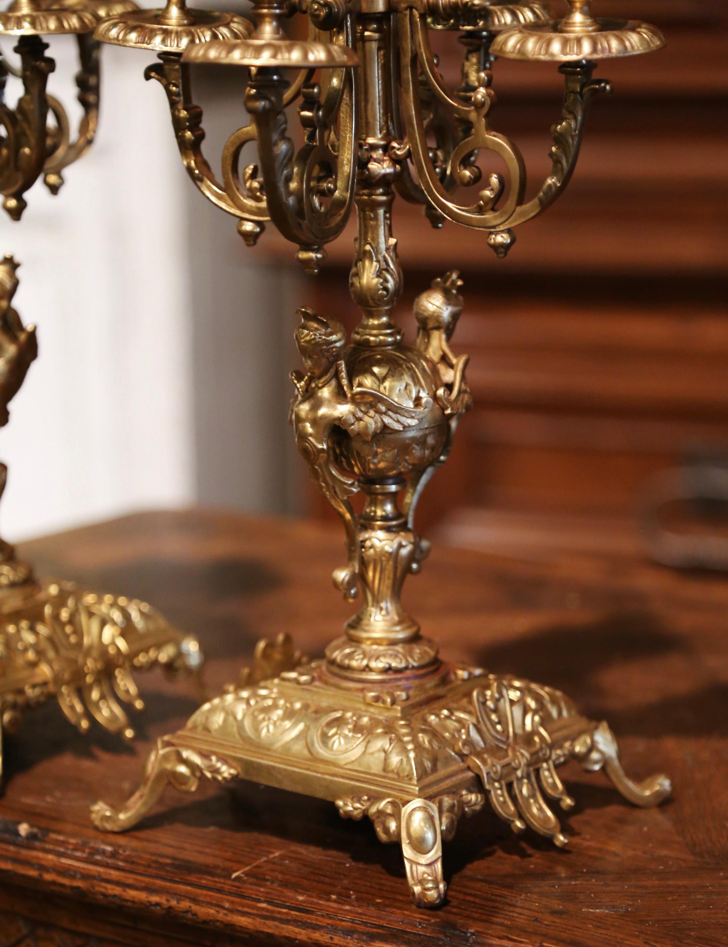 Hand-Crafted Pair of 19th Century French Napoleon III Bronze Dore Five-Light Candelabras