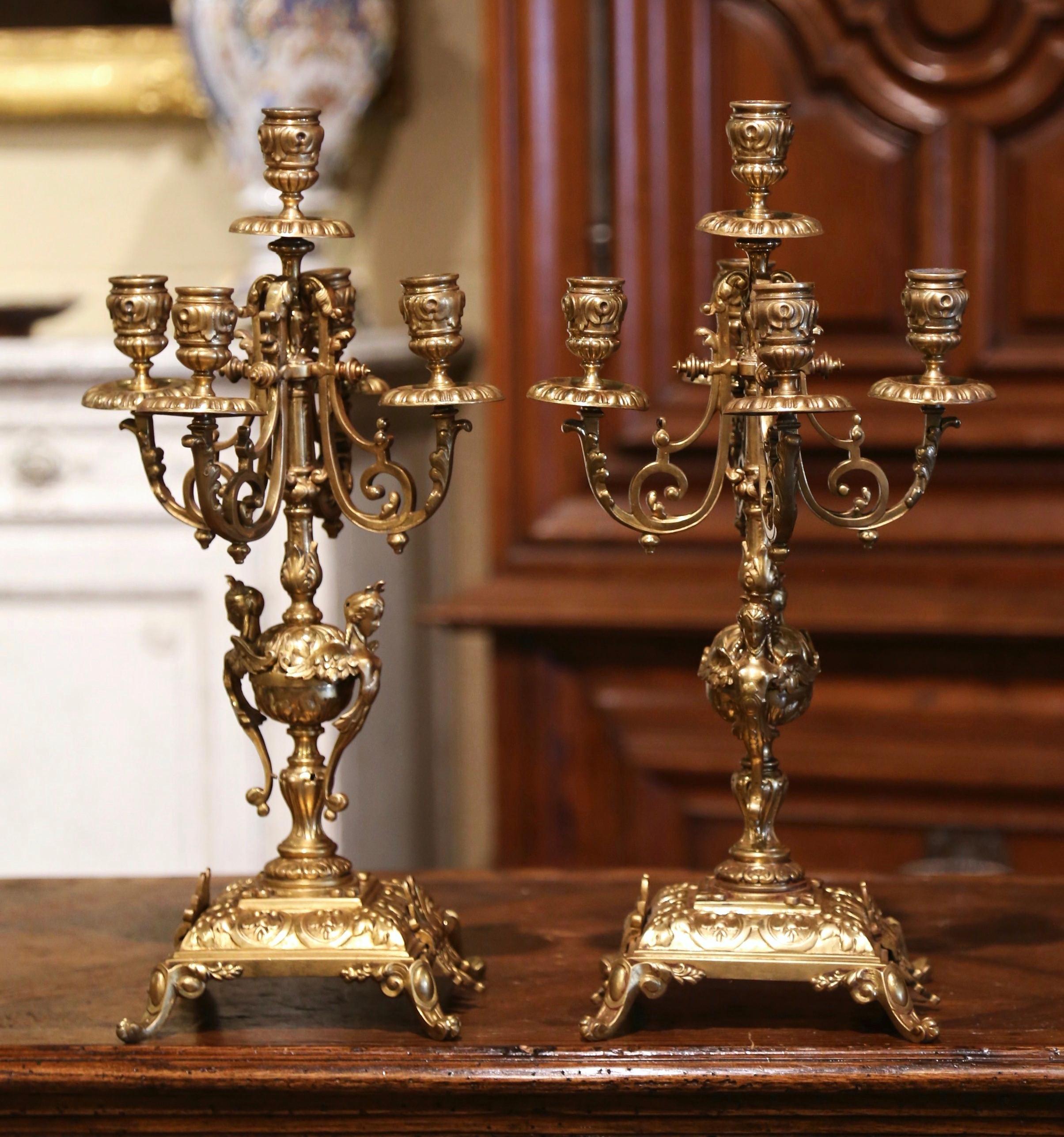 Pair of 19th Century French Napoleon III Bronze Dore Five-Light Candelabras In Excellent Condition In Dallas, TX