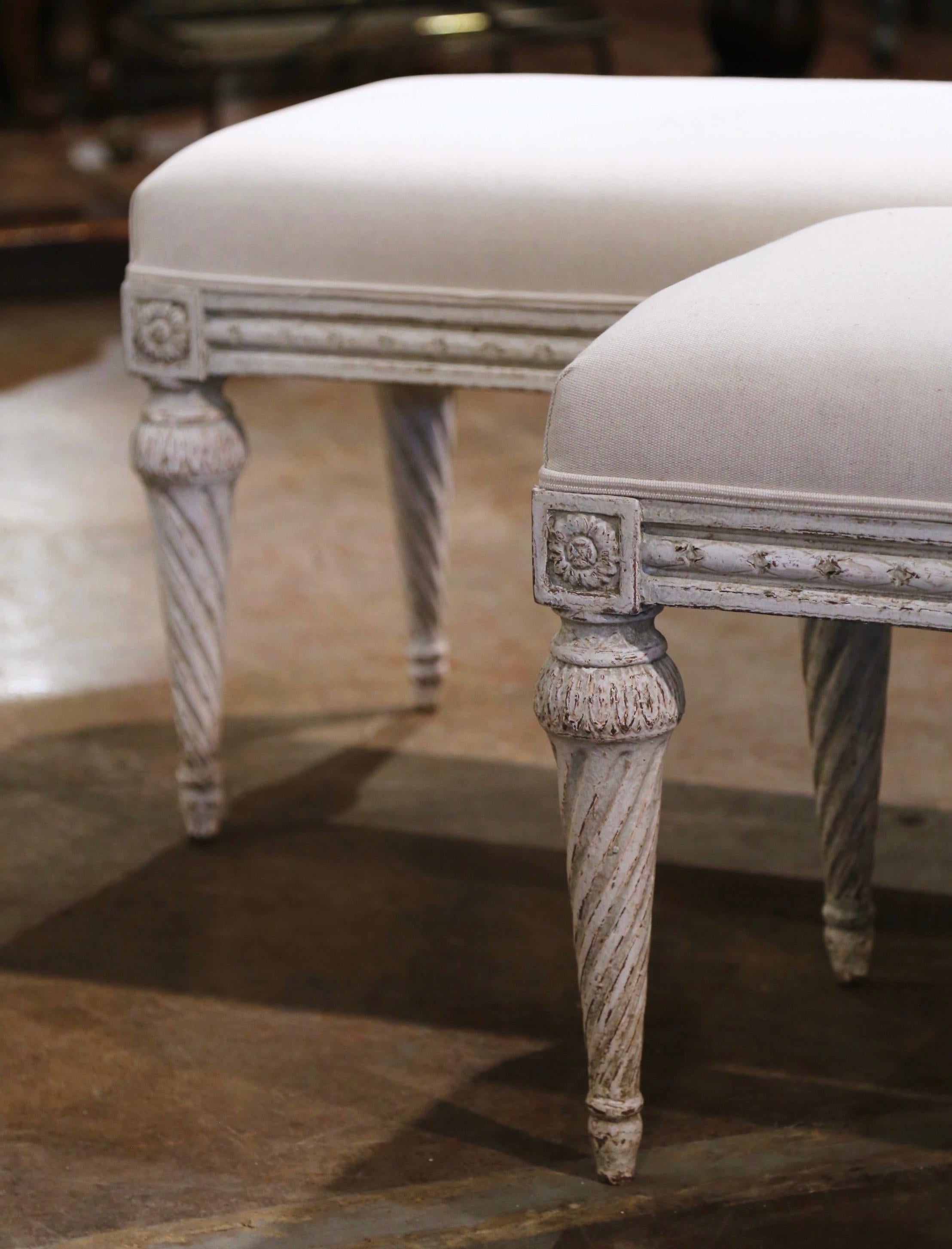 Hand-Carved Pair of 19th Century French Napoleon III Carved and Painted Six-Leg Benches
