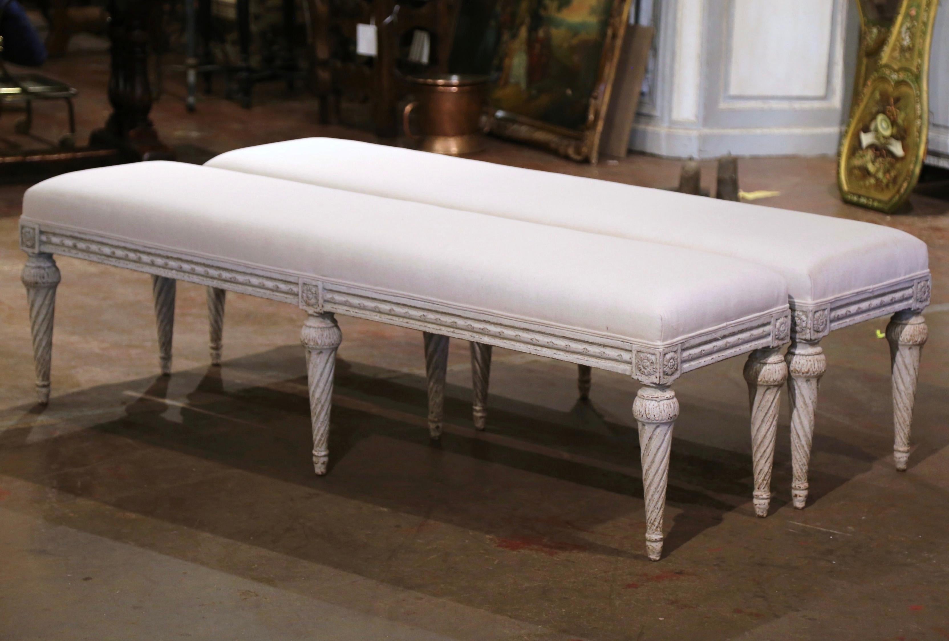 Wood Pair of 19th Century French Napoleon III Carved and Painted Six-Leg Benches