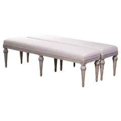 Paire de bancs à six pieds Napoléon III français du XIXe siècle, sculptés et peints