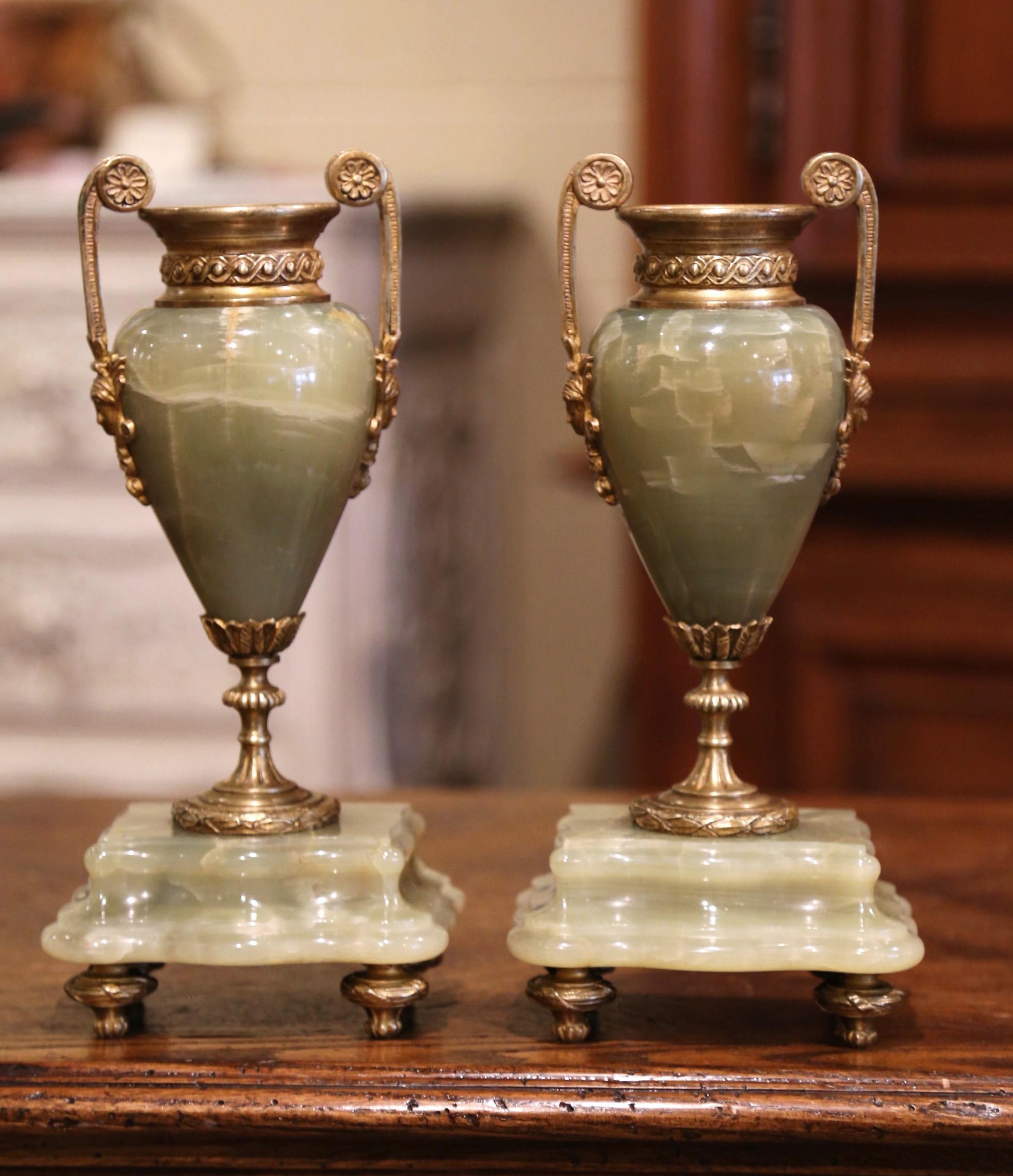 Pair of 19th Century French Napoleon III Green Marble and Bronze Cassolettes In Excellent Condition In Dallas, TX