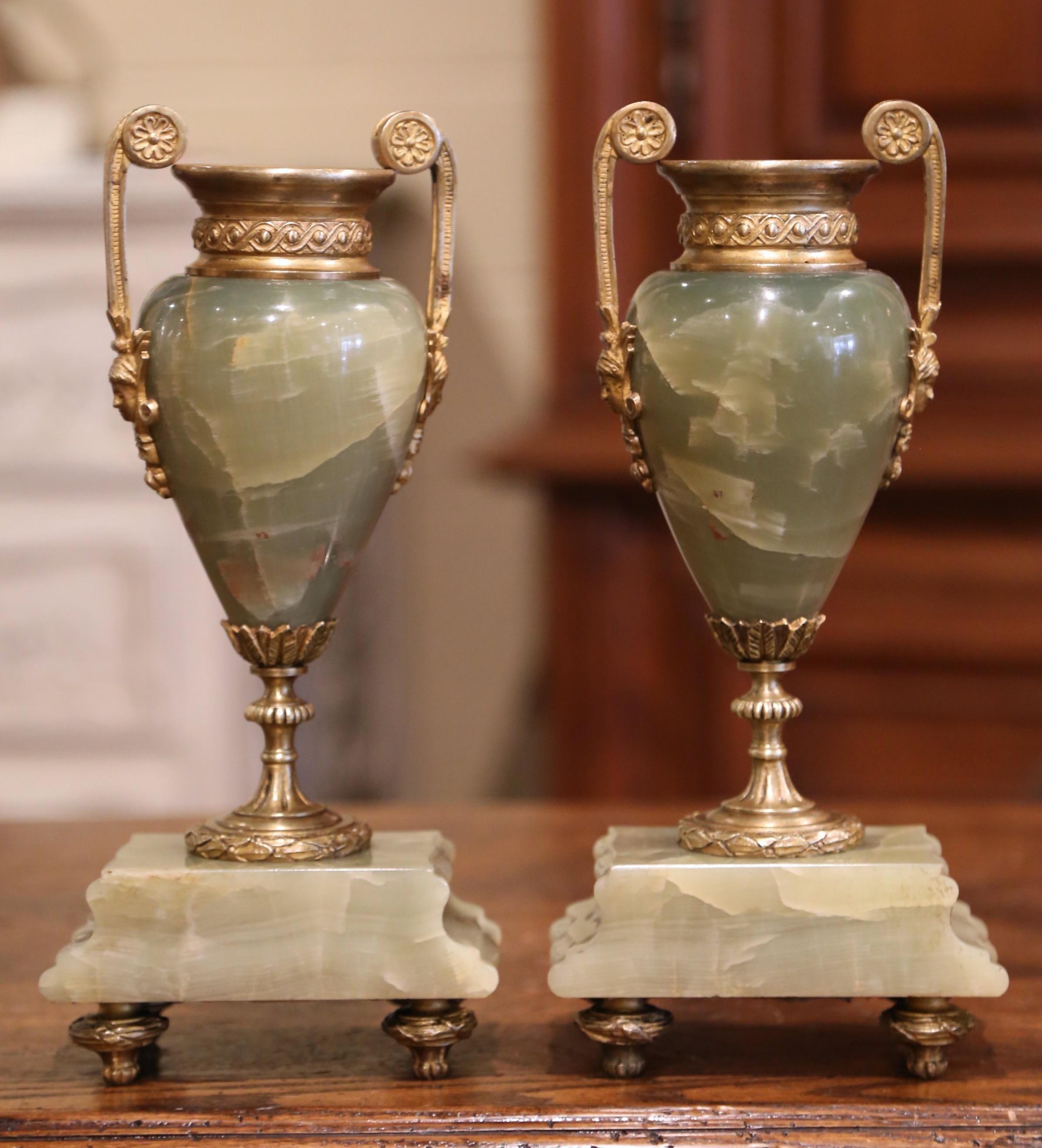 Pair of 19th Century French Napoleon III Green Marble and Bronze Cassolettes 2
