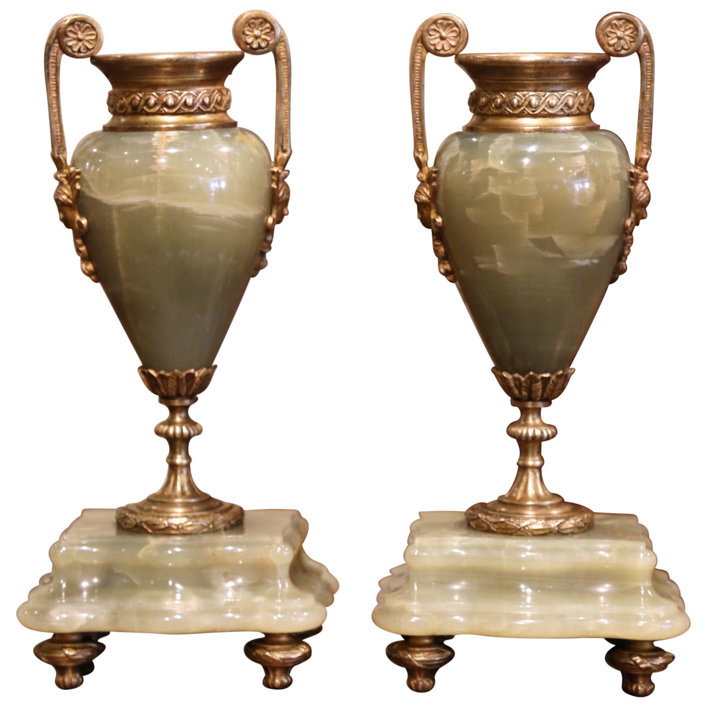 Pair of 19th Century French Napoleon III Green Marble and Bronze Cassolettes