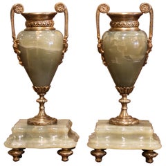 Pair of 19th Century French Napoleon III Green Marble and Bronze Cassolettes