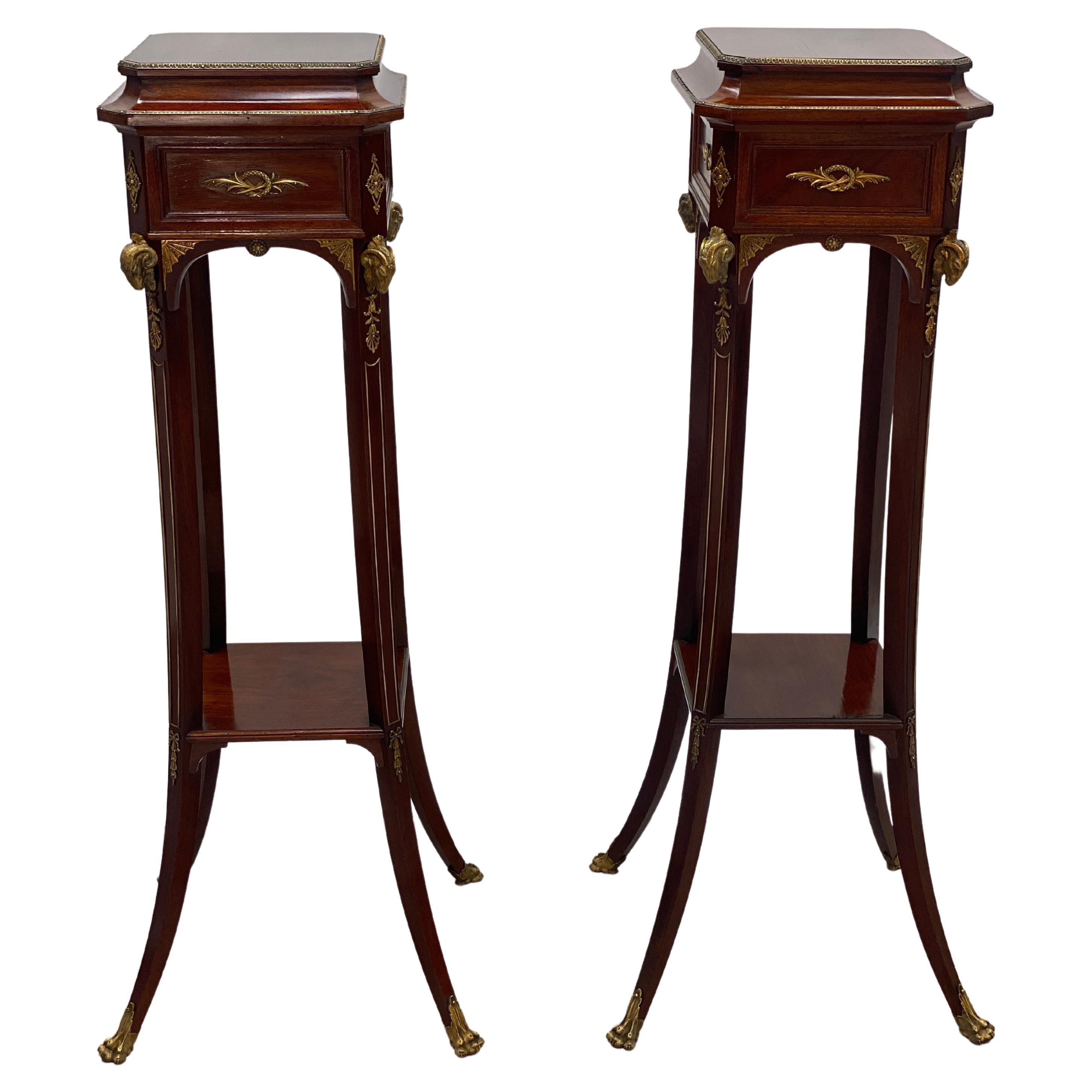 French made Napoleon III plant stands in Mahogany wood. Two tiers connected with sweeping legs terminating in bronze sabots. Bronze ormolu throughout. Highly detailed work. 

France Circa 1860

46.5 Height 
13