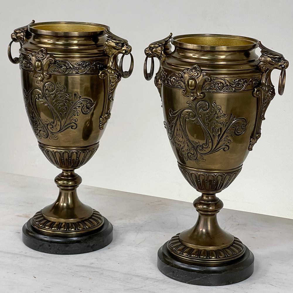 Hand-Crafted Pair of 19th Century French Napoleon III Period Bronze & Brass Urns For Sale