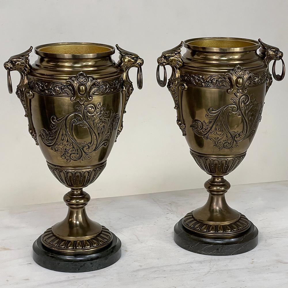 Pair of 19th Century French Napoleon III Period Bronze & Brass Urns In Good Condition For Sale In Dallas, TX