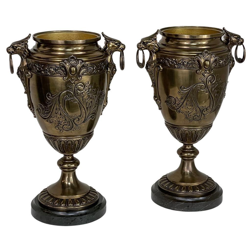 Pair of 19th Century French Napoleon III Period Bronze & Brass Urns For Sale