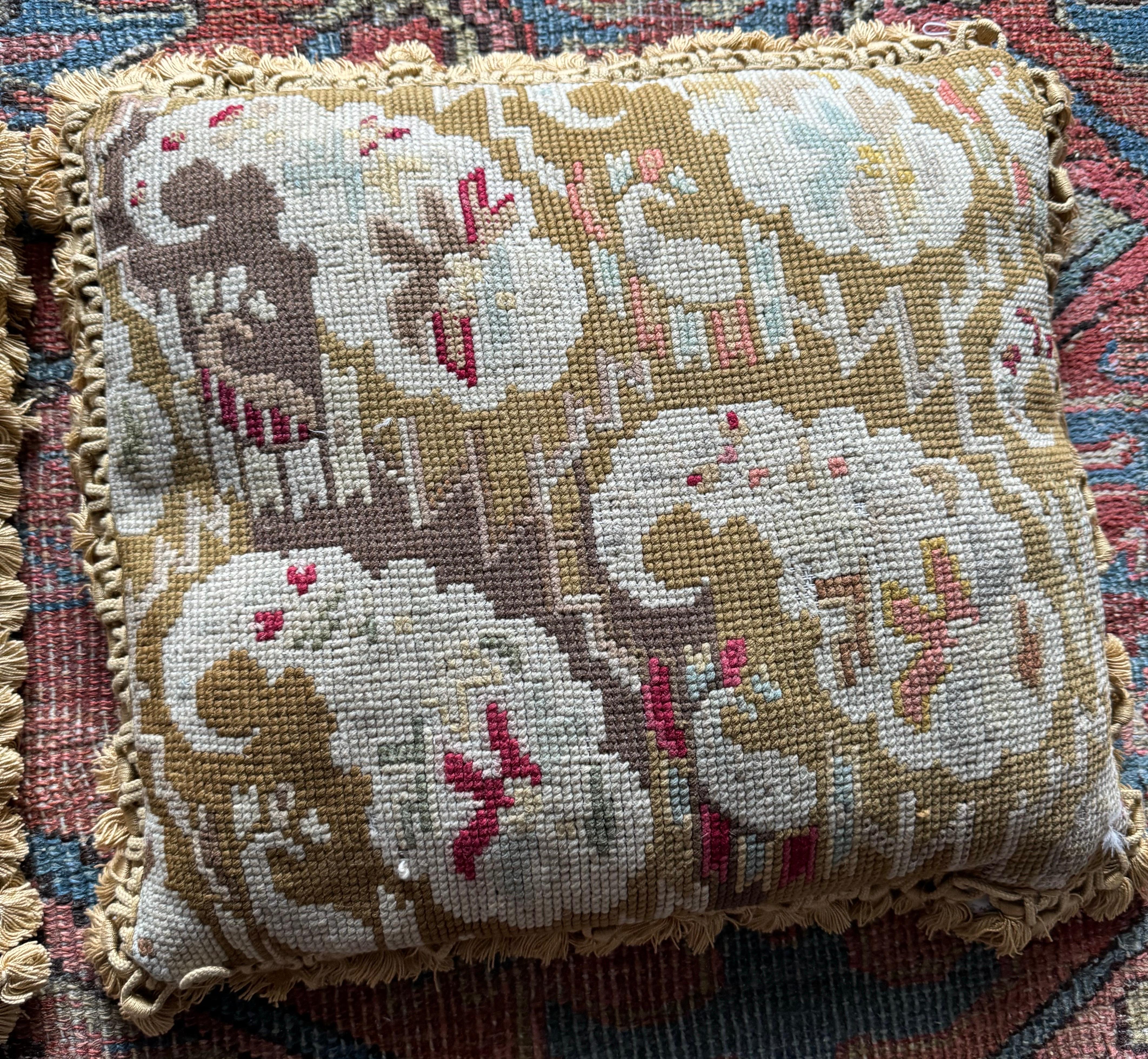 French Provincial Pair of 19th Century French Needlepoint Pillows with Petite Tassels For Sale