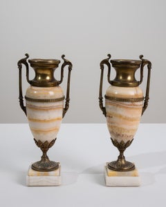 Pair Of 19th Century French Neoclassical Alabaster & Brass Amphoras