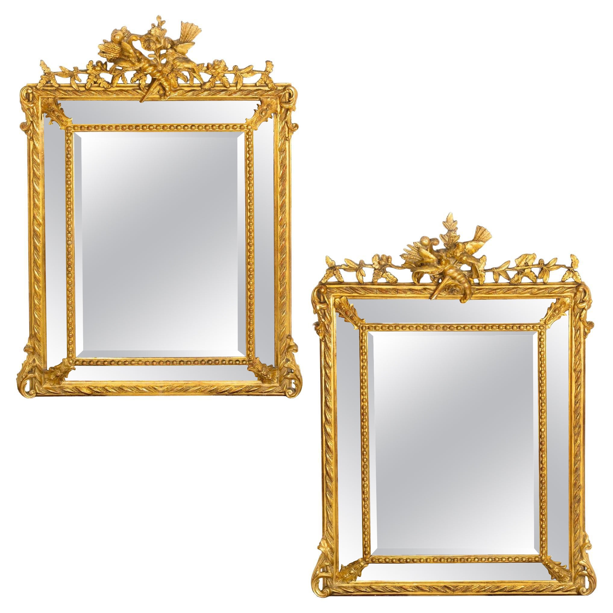 Paire de miroirs de mariage en bois doré Antique French Neoclassical du 19ème siècle en vente