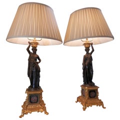 Antique Pair of 19th Century French Neoclassical Bronze Classical Figural Lamps