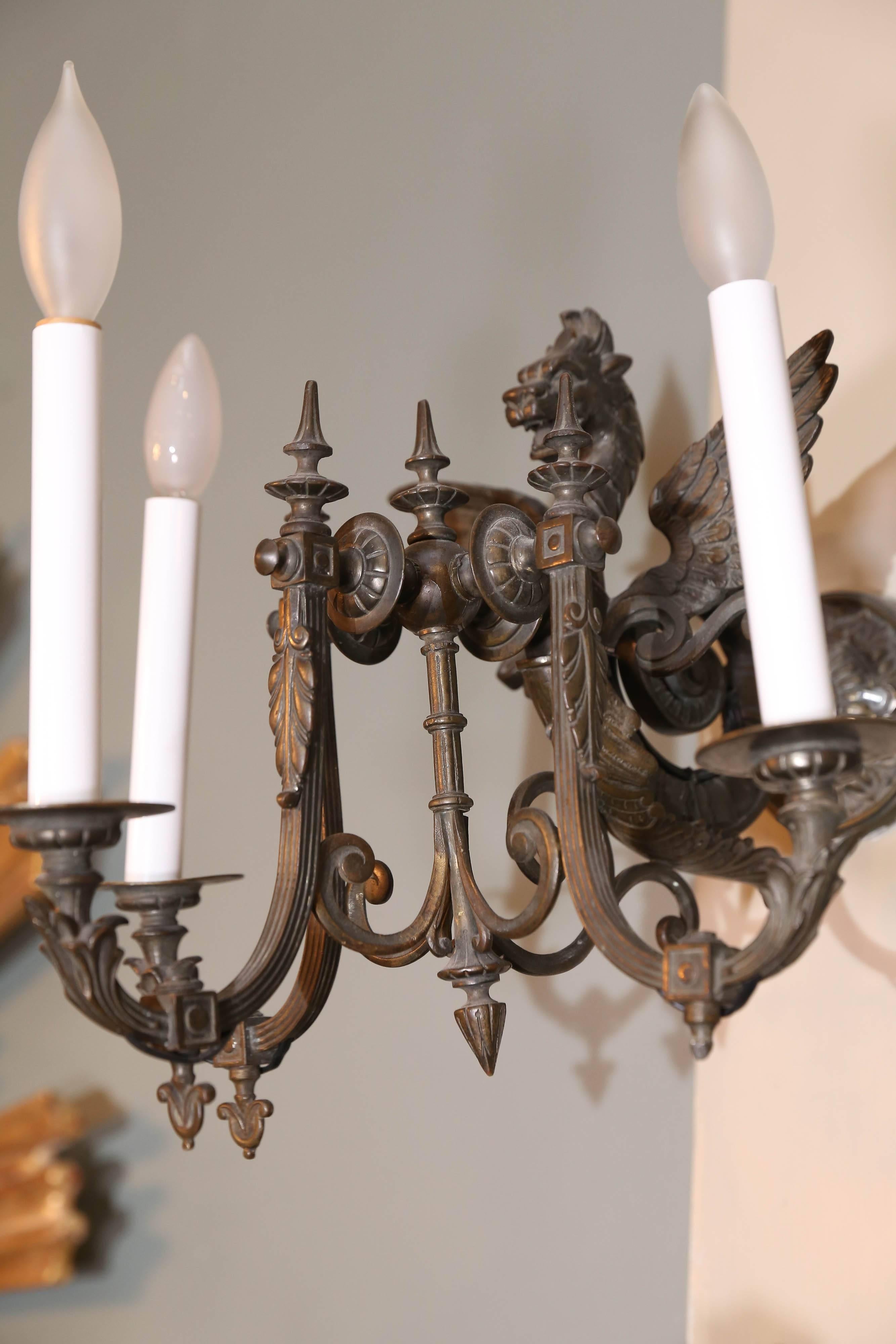 Cast Pair of 19th Century French Neoclassical Bronze Griffon Sconces For Sale