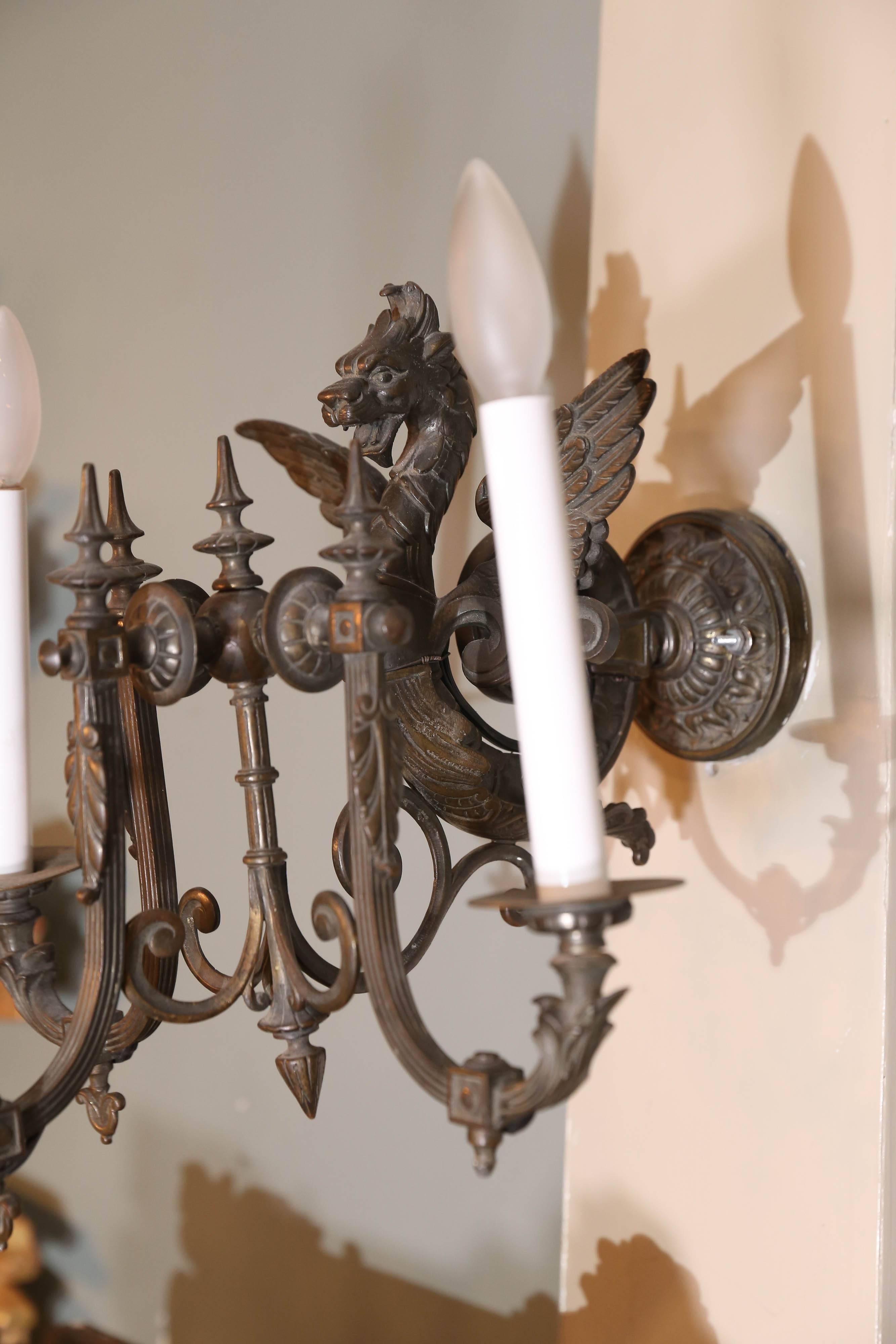 Pair of 19th Century French Neoclassical Bronze Griffon Sconces In Excellent Condition For Sale In Houston, TX