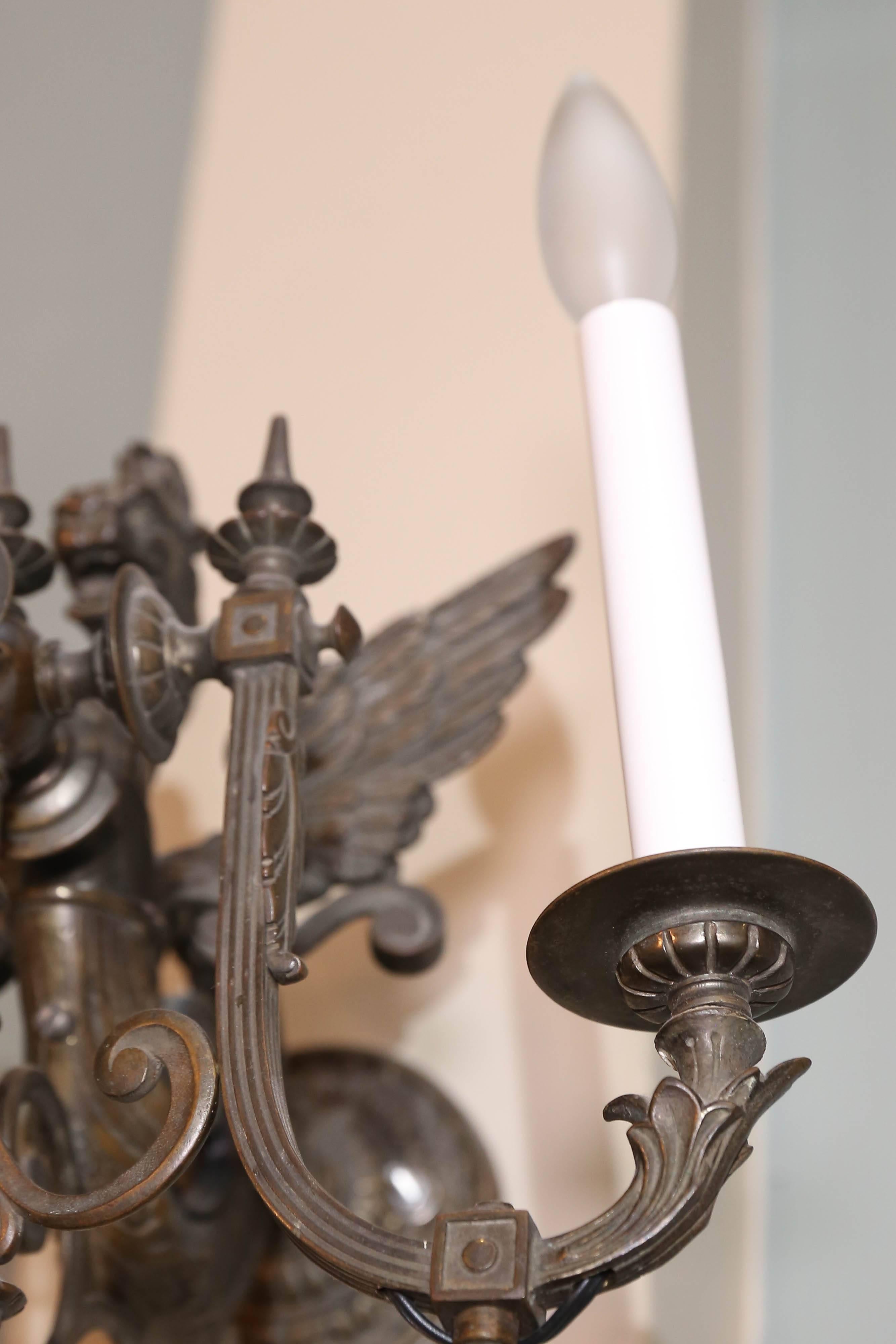 Pair of 19th Century French Neoclassical Bronze Griffon Sconces For Sale 4