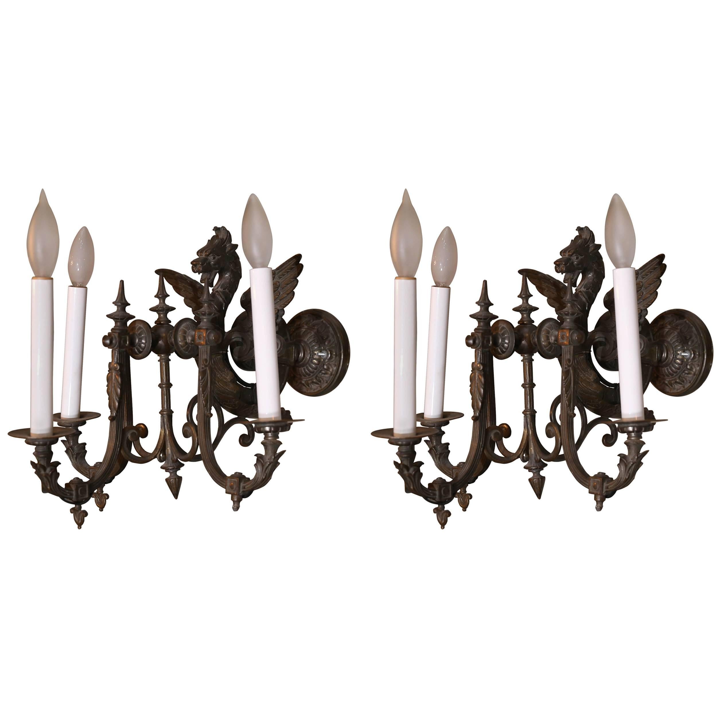 Pair of 19th Century French Neoclassical Bronze Griffon Sconces For Sale