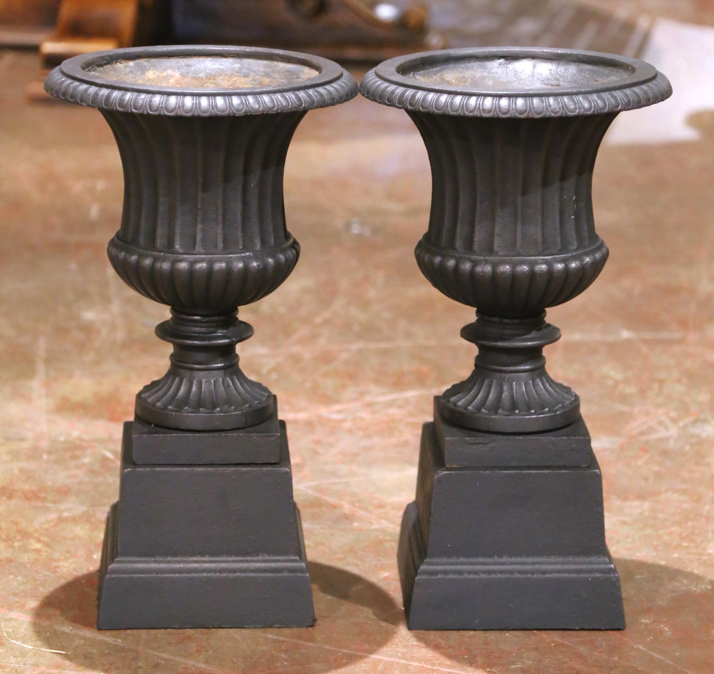 Neoclassico Coppia di urne in ghisa neoclassiche francesi del XIX secolo con base a plinto in vendita