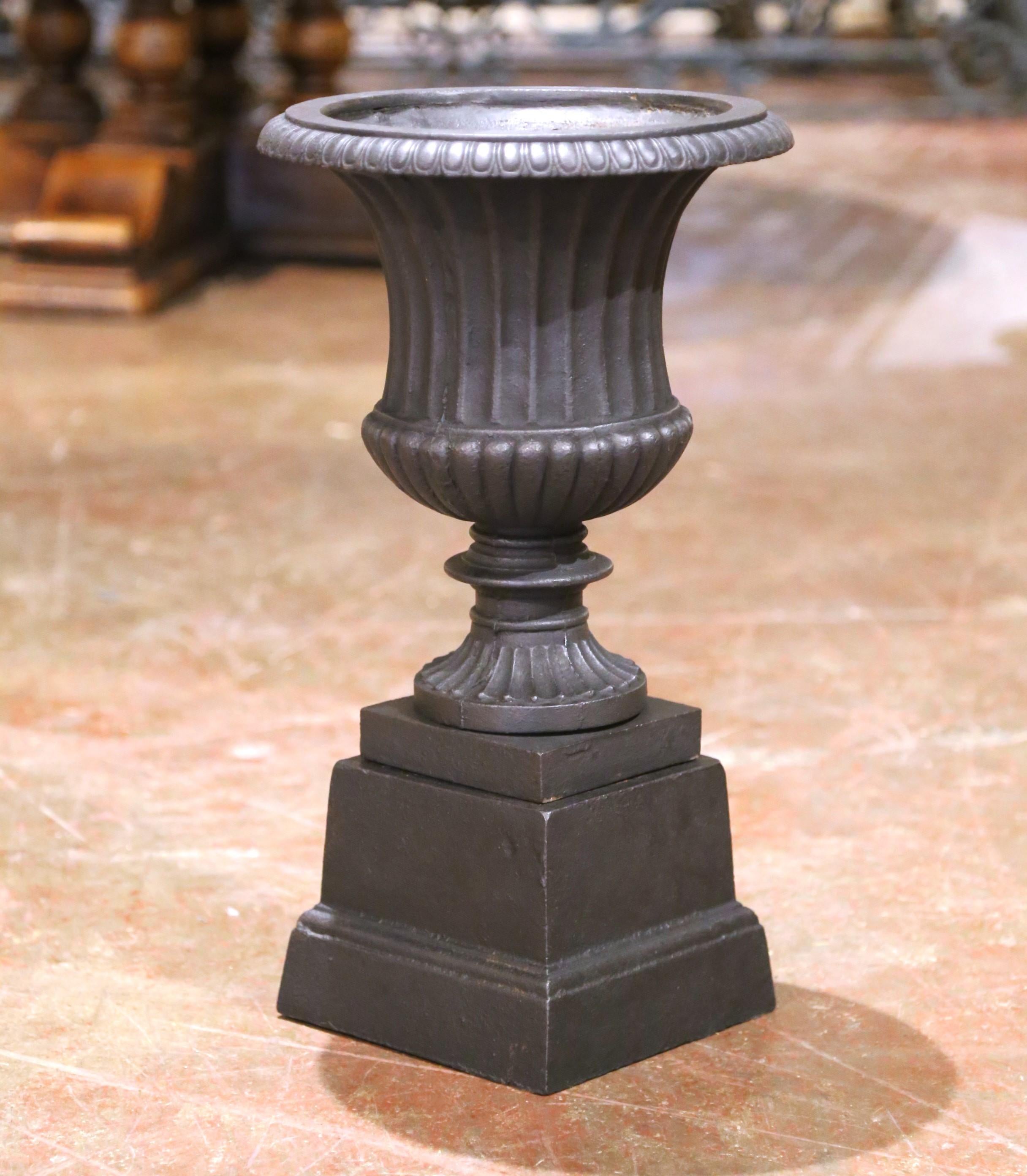 Francese Coppia di urne in ghisa neoclassiche francesi del XIX secolo con base a plinto in vendita