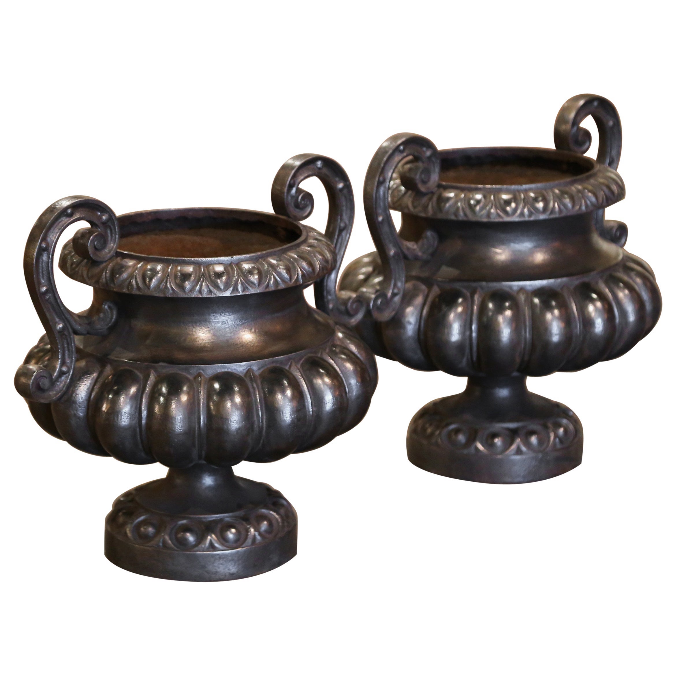 Pair of 19th Century French Neoclassical Cast Iron Urns with Scrolled Handles For Sale