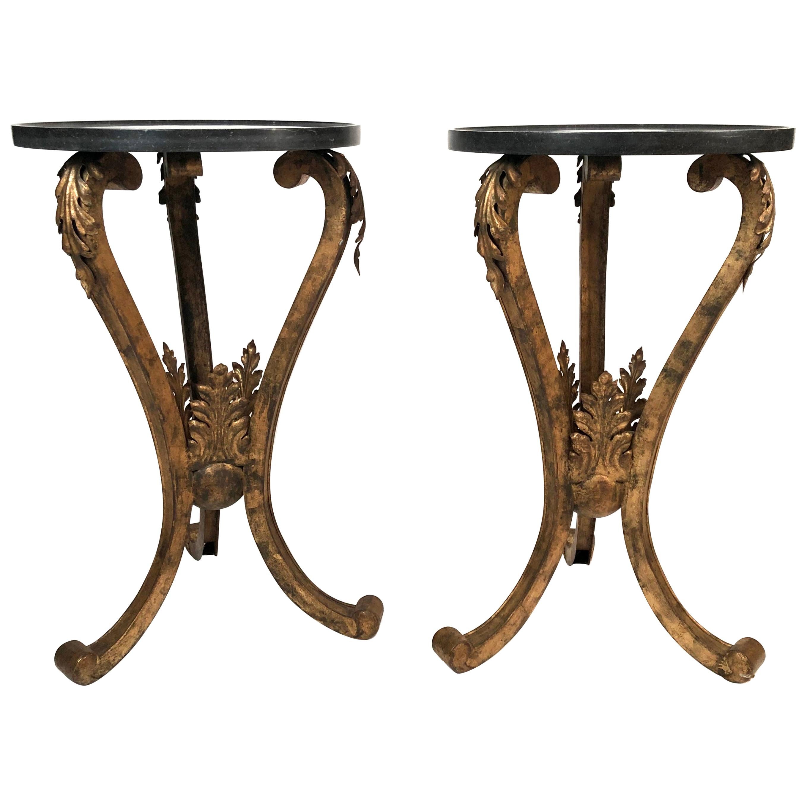 Pair of 19th Century French Neoclassical Gilt Metal Stands with Marble Tops