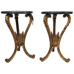 Antique Pair of 19th Century French Neoclassical Gilt Metal Stands with Marble Tops