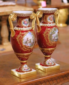Pair of 19th Century French Neoclassical Hand Painted “Porcelaine de Paris” Urns