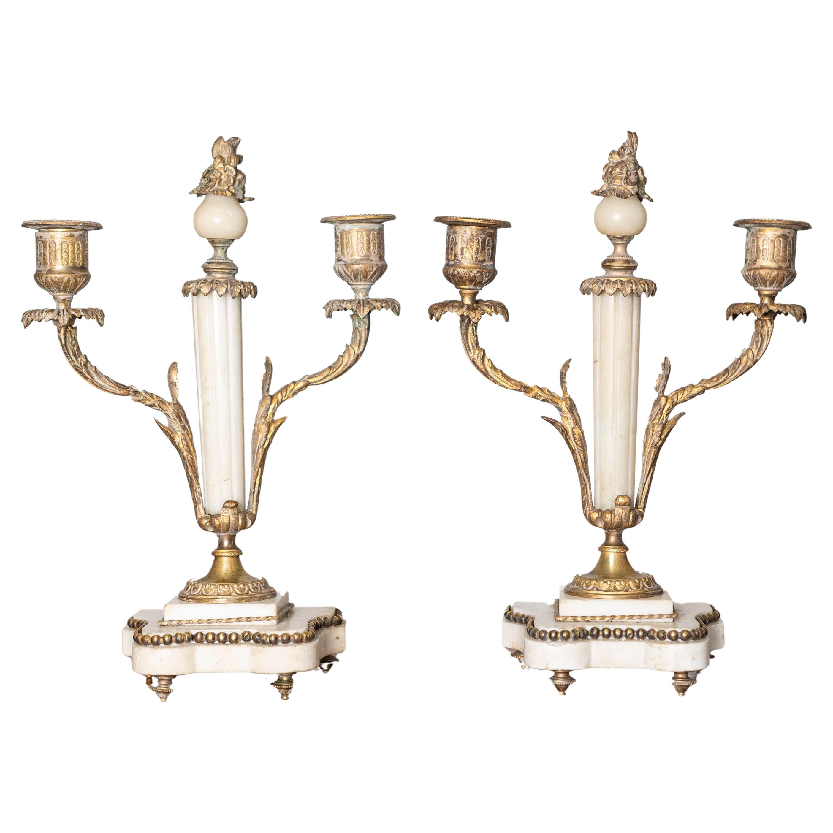 Pair of 19th-Century French Neoclassical Marble and Gilt Bronze Candelabras