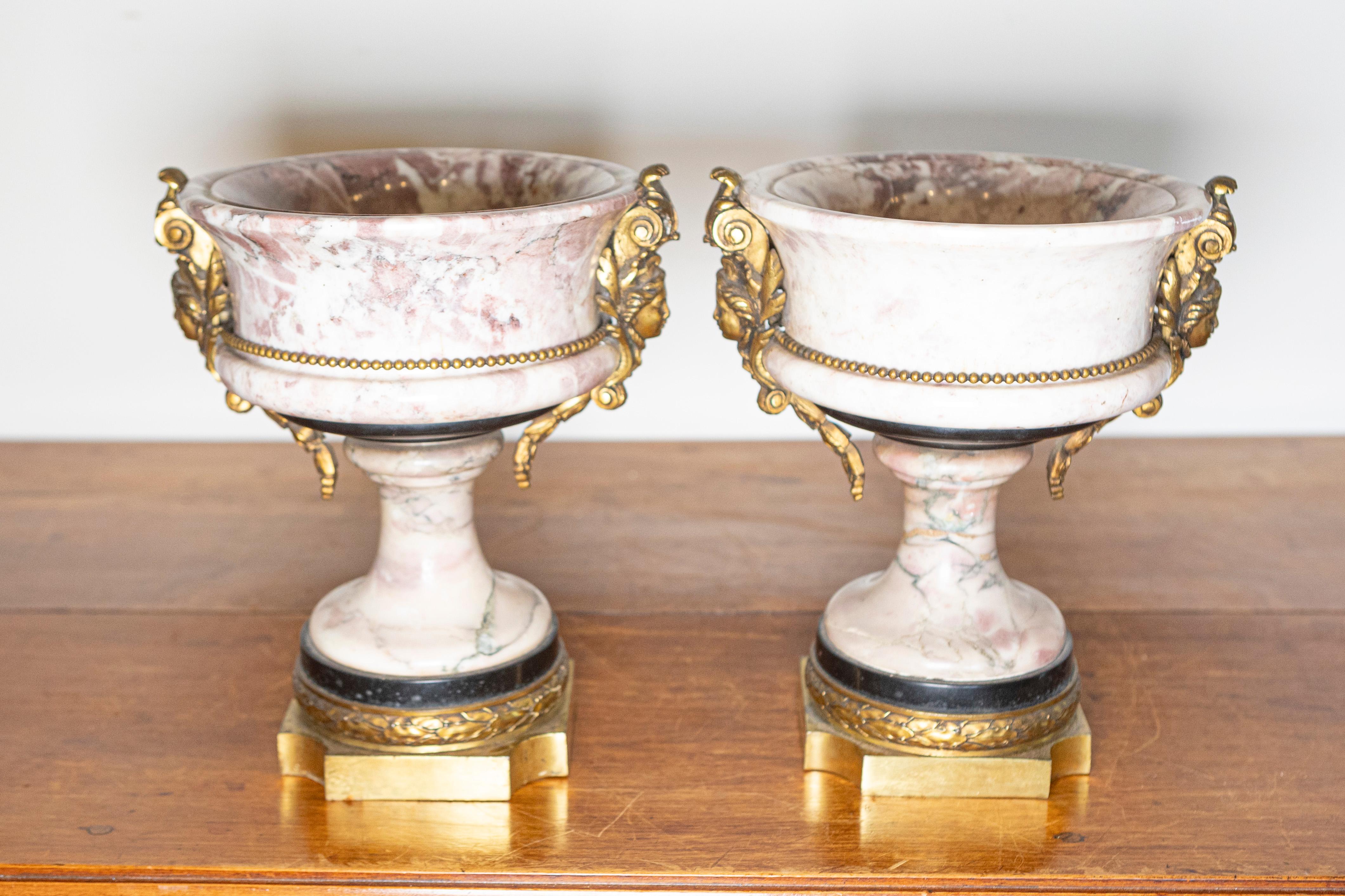 Francese Coppia di urne neoclassiche francesi del XIX secolo in marmo e bronzo dorato in vendita