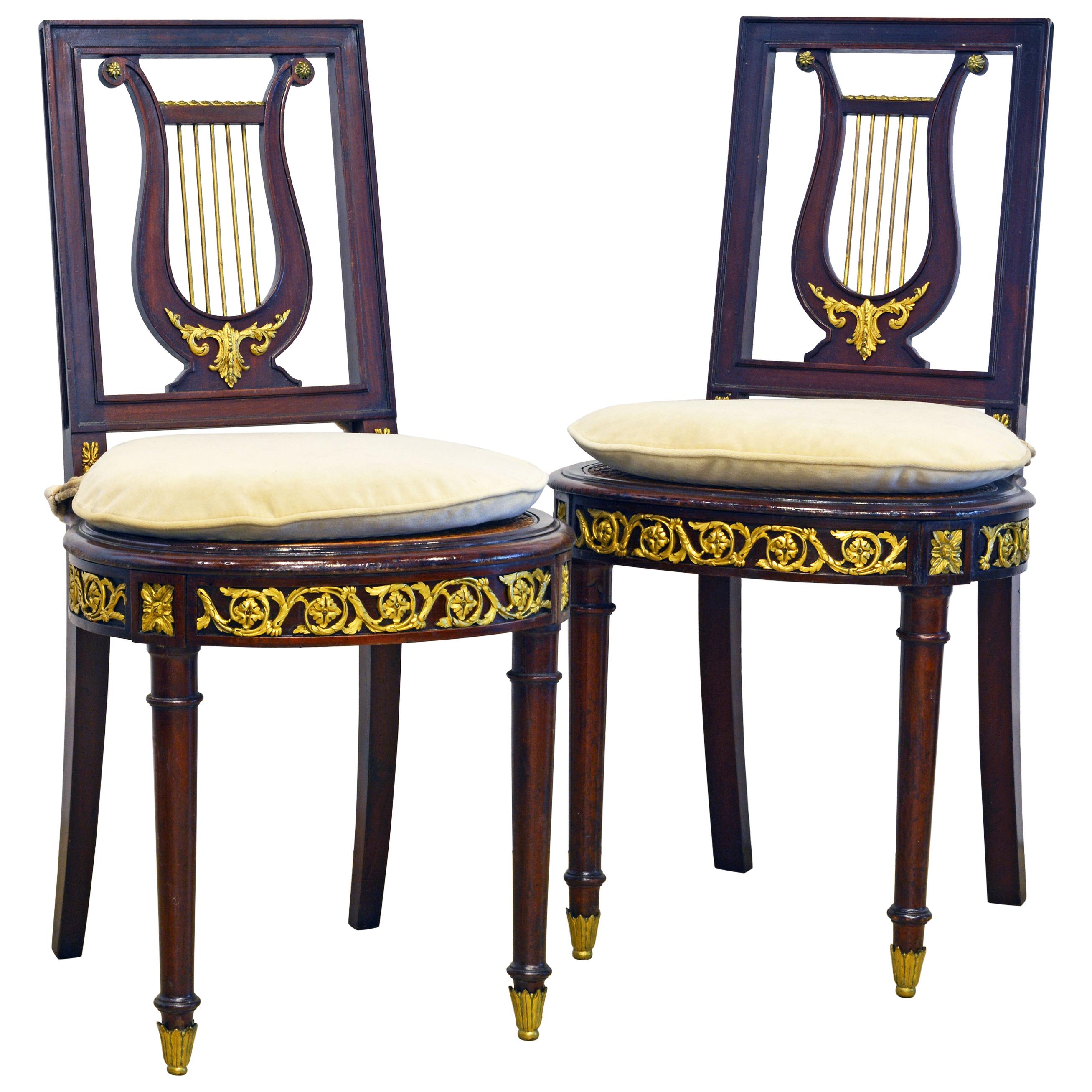 Pair of 19th Century French Neoclassical Ormolu Mounted Lyre Back Side Chairs